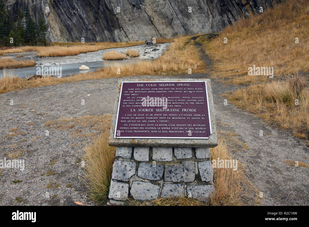 Ein horizontales Bild der Mineralquelle am Fuß eines Berges im Jasper Nationalpark mit den Informationen, die Plaque und den Überlauf des Kalten sp Stockfoto