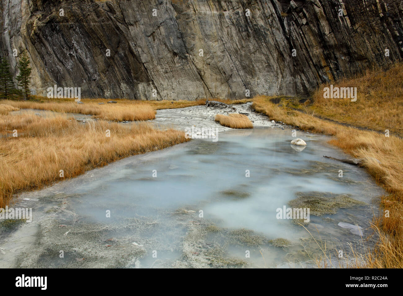 Ein horizontales Bild der Überlauf des kalten Mineral Spring am Fuß eines Berges in Jasper National Park im Hintergrund. Stockfoto