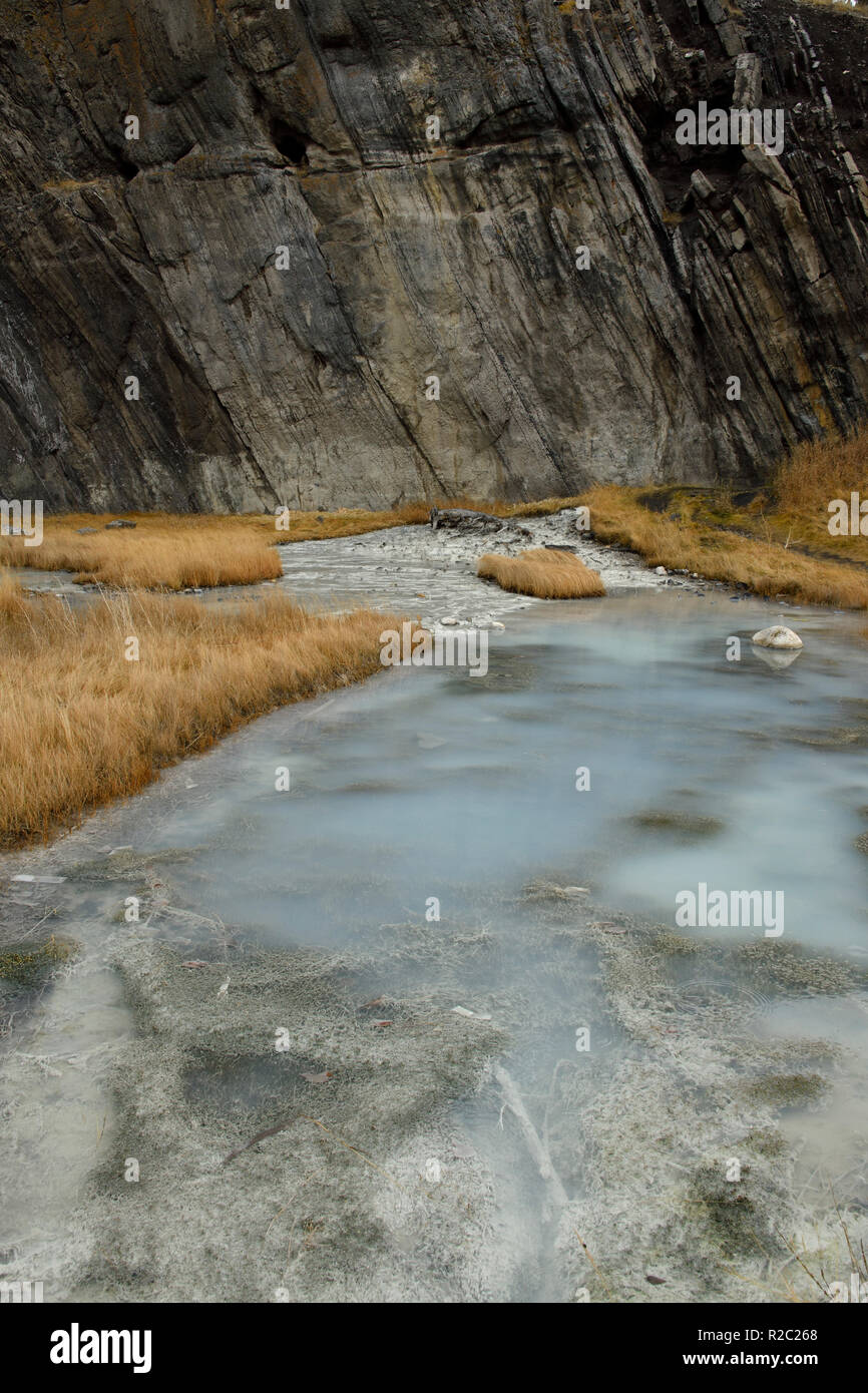Eine vertikale Bild der kalte Mineralquelle und der Überlauf am Fuß eines Berges in Jasper National Park, Alberta, Kanada Stockfoto