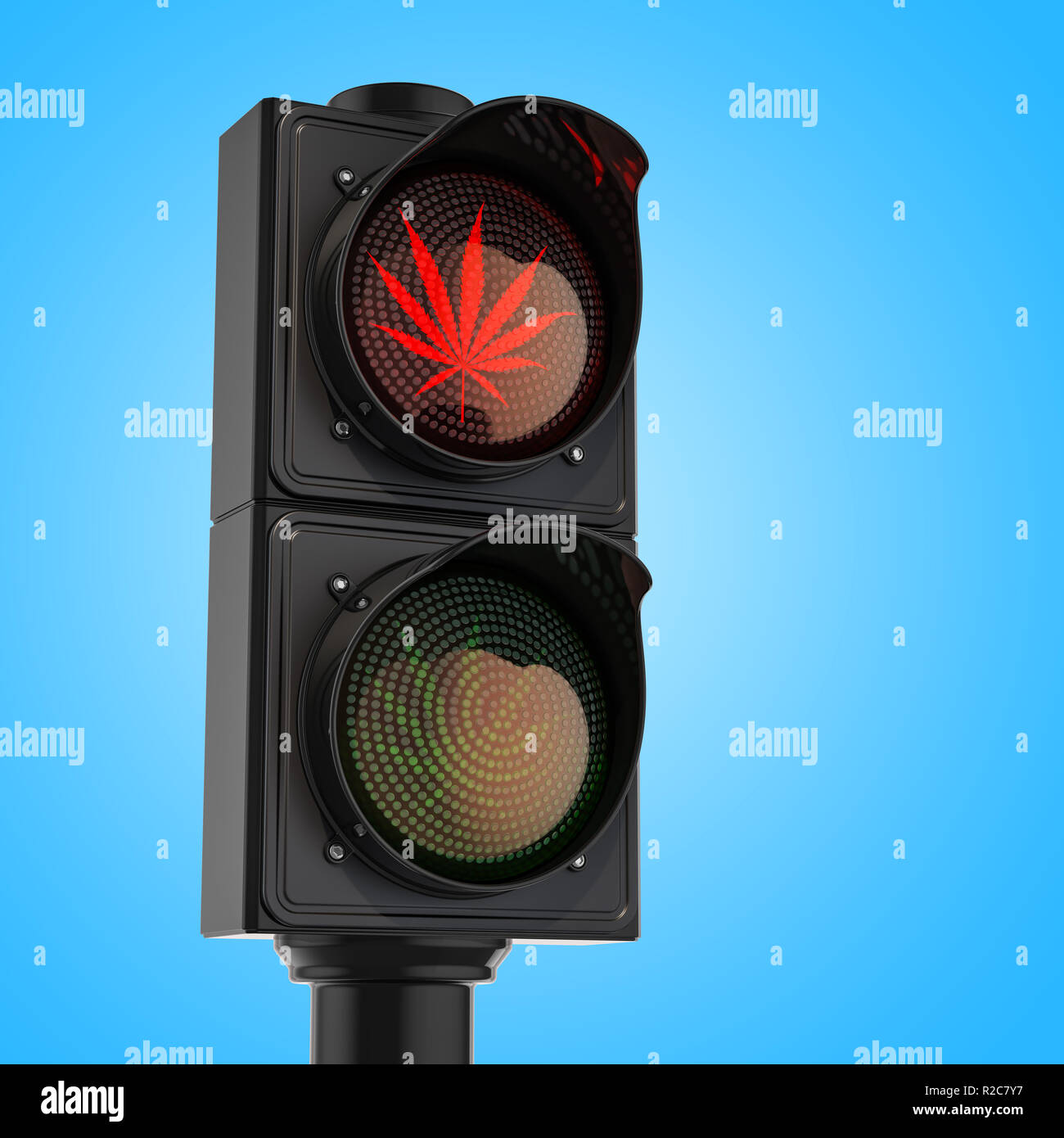 Marihuana, Cannabis Verbot Konzept. Ampel mit rot Marihuana Blatt, 3D-Rendering Stockfoto