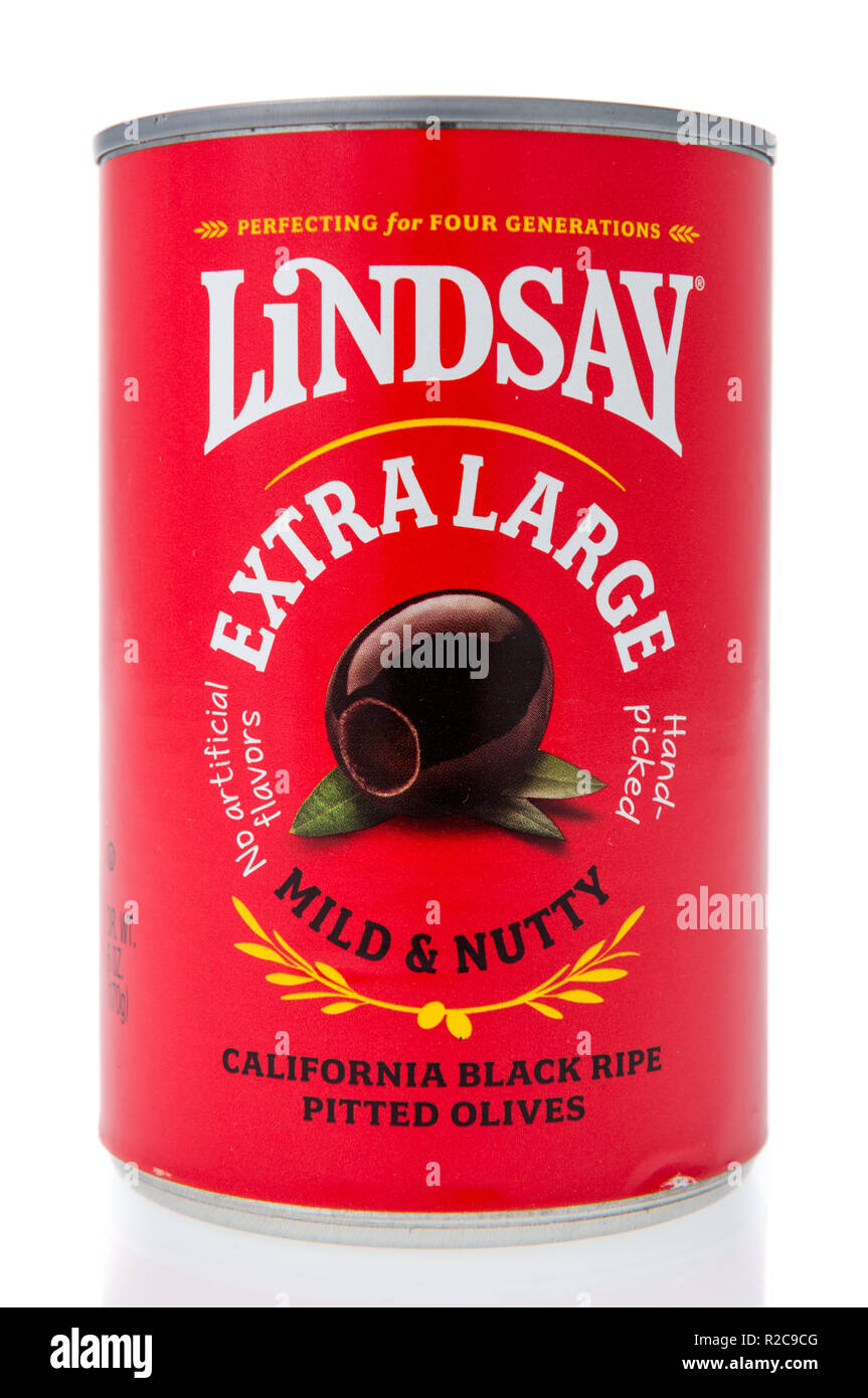 Winneconne, WI - 11. November 2018: eine Dose Lindsay extra große mild-nussigen Kalifornien schwarz reife Oliven auf einem isolierten Hintergrund. Stockfoto