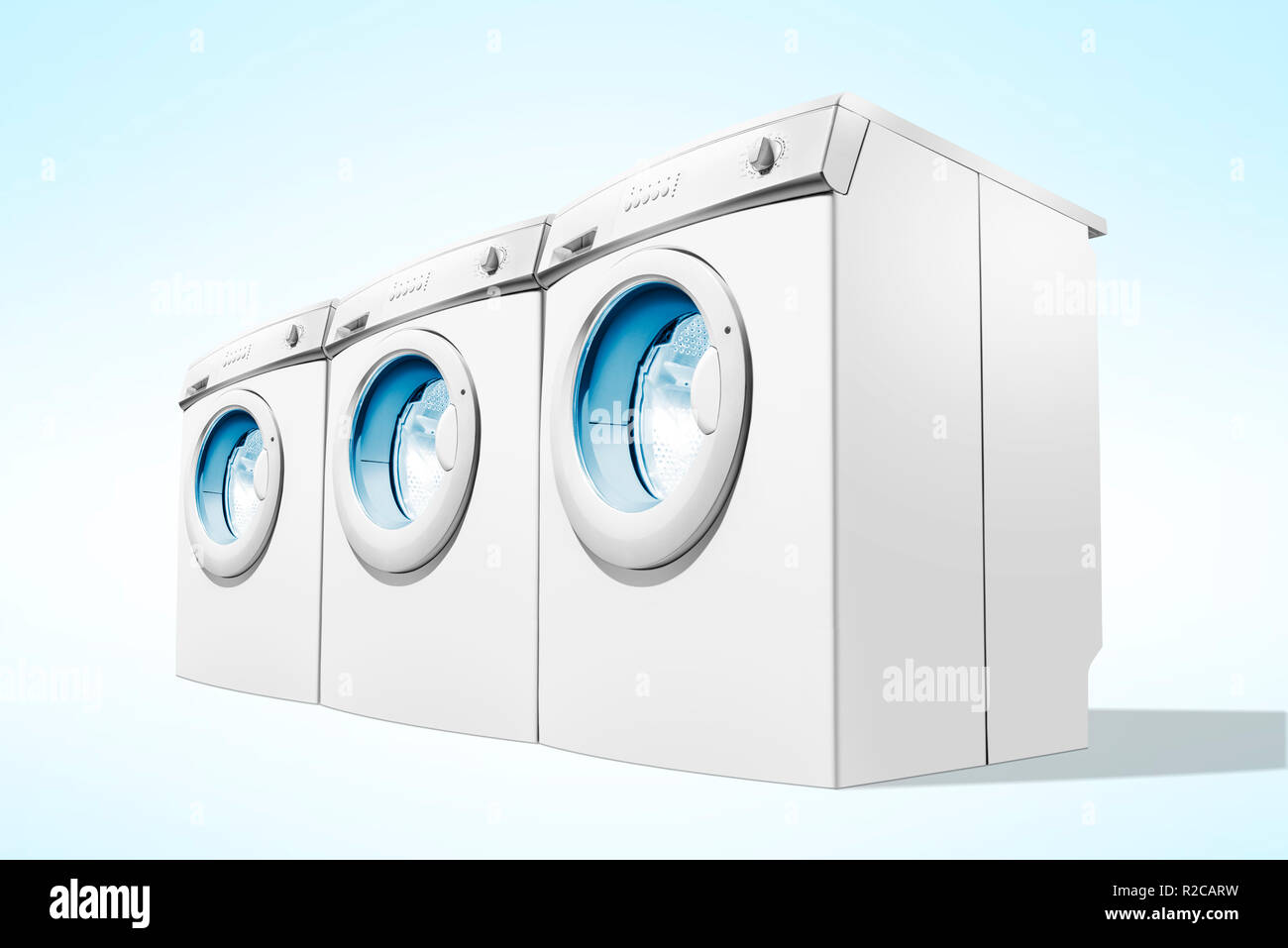 Reihen von Waschmaschinen auf blauem Hintergrund. Haushaltsgeräte Stockfoto