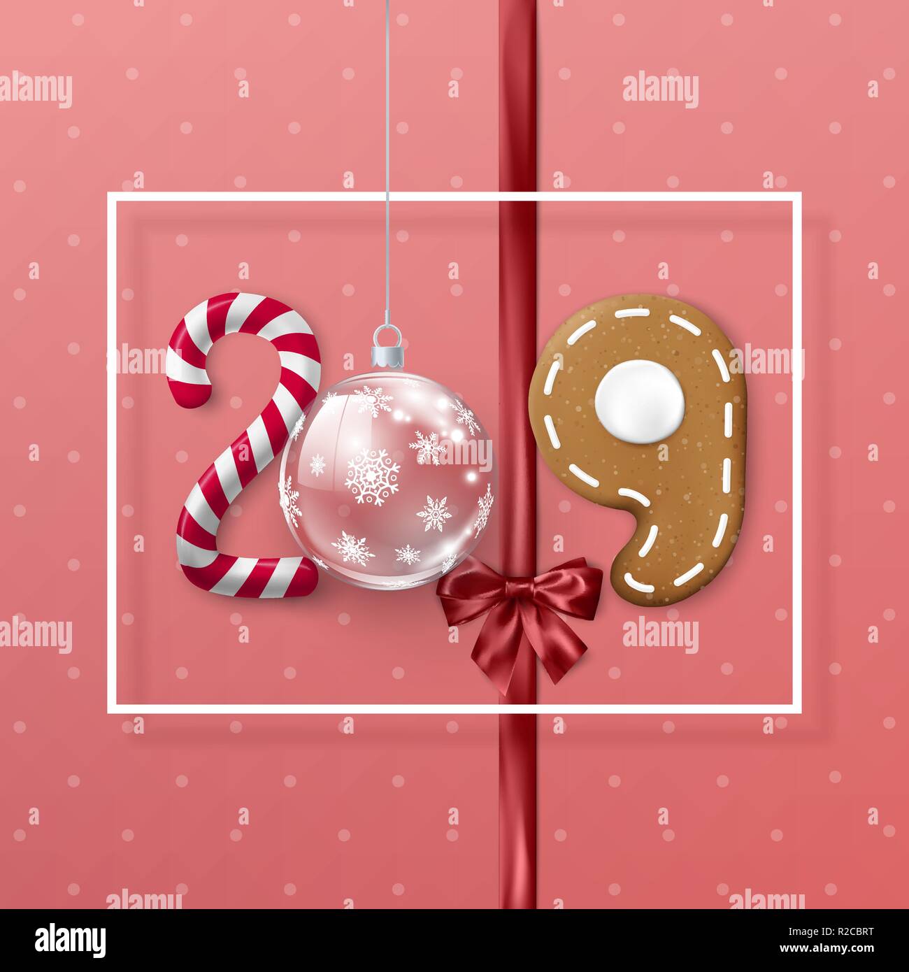 Neues Jahr 2019 Banner mit weißen Rahmen. Kreative festliche Schriftzug. Candy und christmas ball Band mit Schleife und Lebkuchen Cookie. Vektor illustratio Stock Vektor