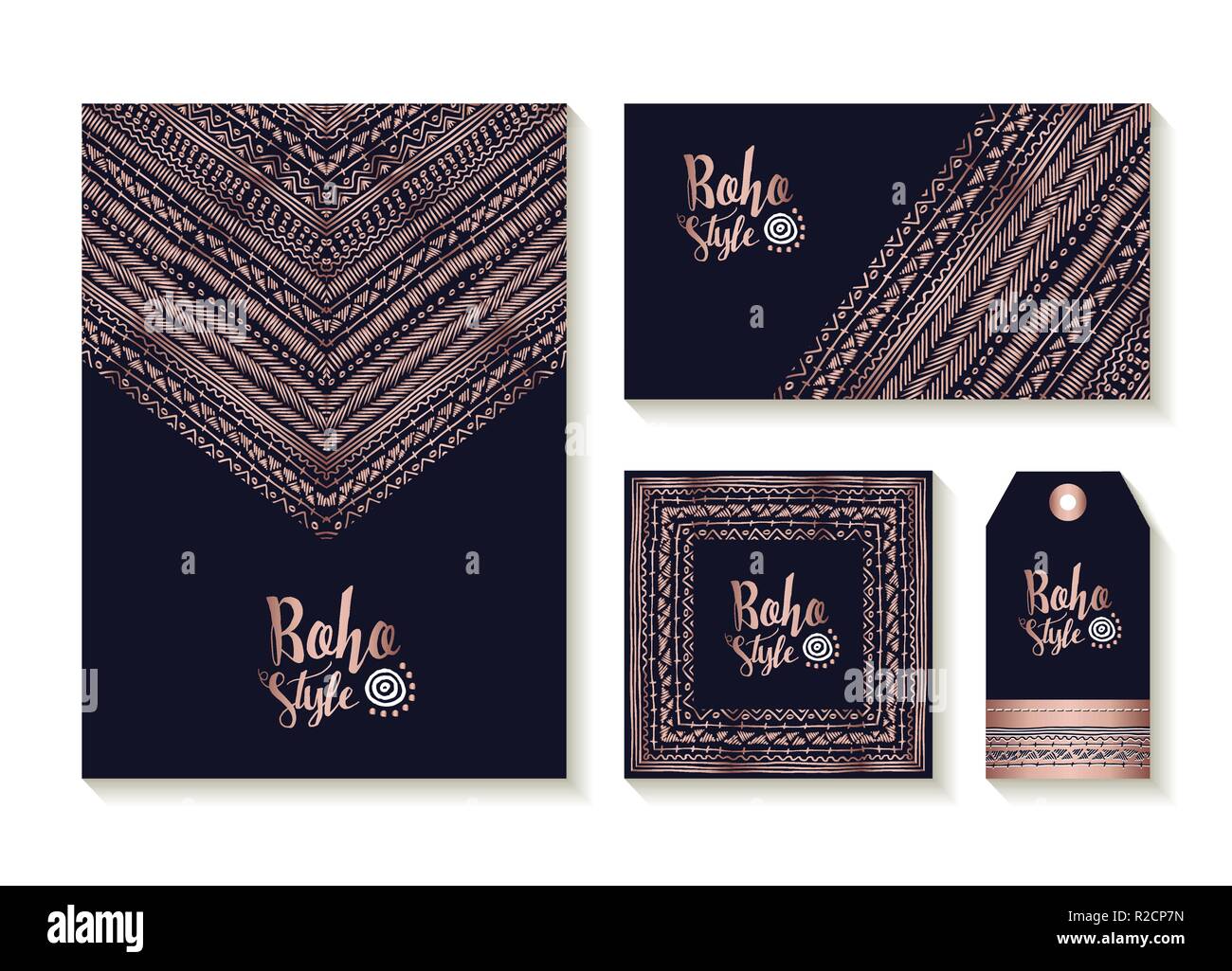 Boho Style Kollektion Karte, Label und tag Vorlagen mit niedlichen handgefertigte Tribal art Designs in Luxus Kupfer Farbe. Stock Vektor