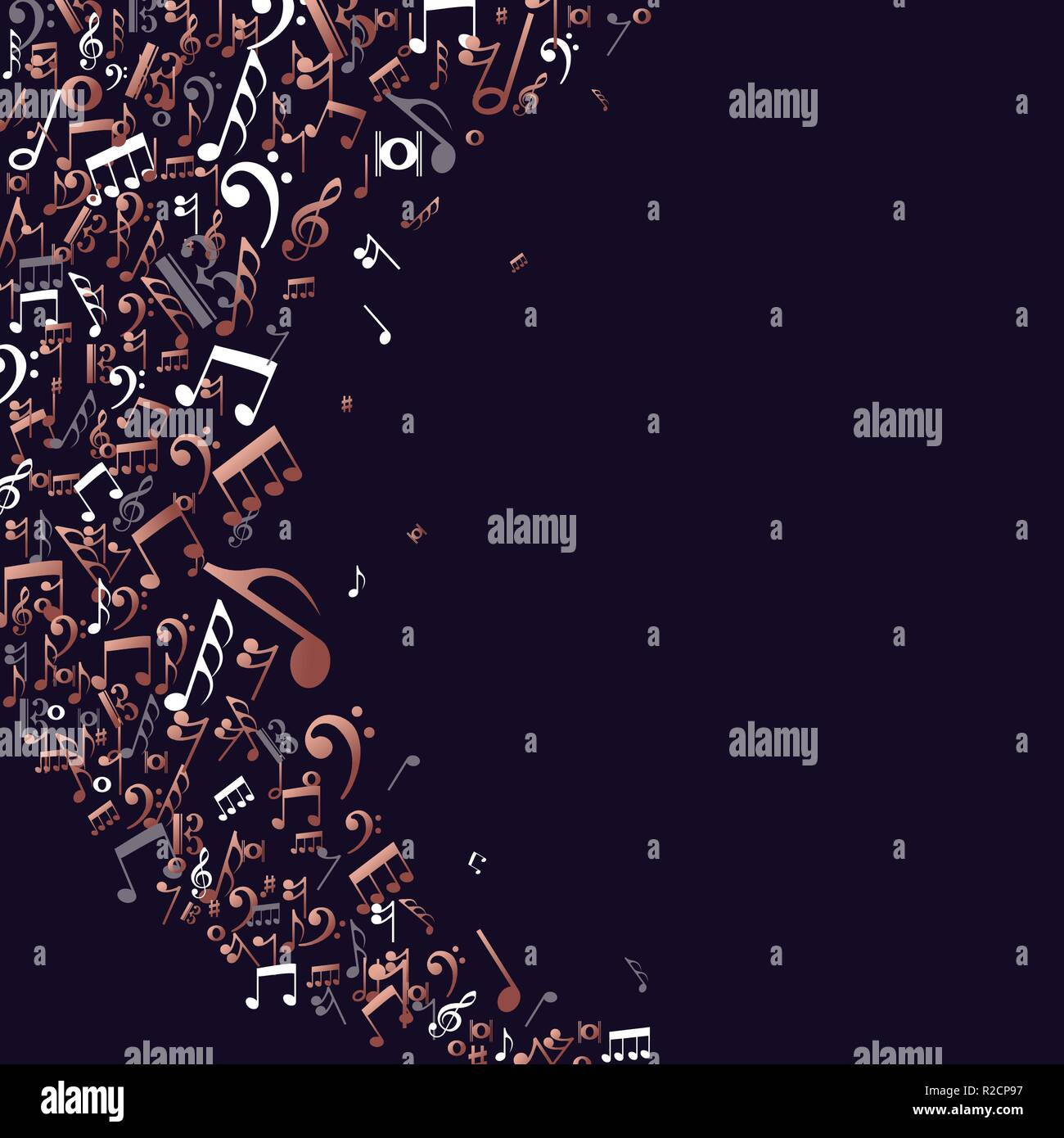 Kupfer Noten isoliert Hintergrund. Musikalische Symbole splash Abbildung Konzept. Stock Vektor