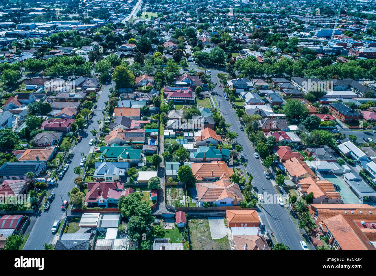 Luftbild - Blick hinunter in den Häusern in einem Vorort von Melbourne, Australien Stockfoto