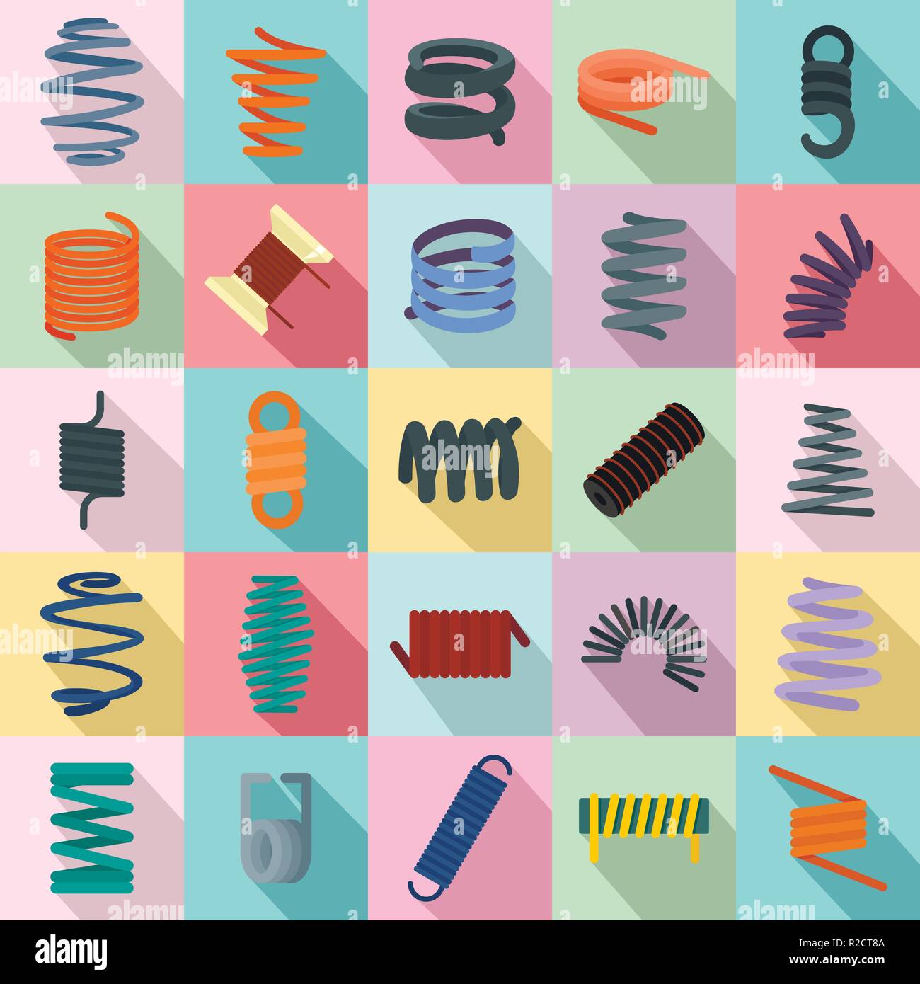 Spiralfeder kabel Symbole gesetzt. Flache Darstellung von 25-Spulenfeder kabel Vector Icons für Web Stock Vektor