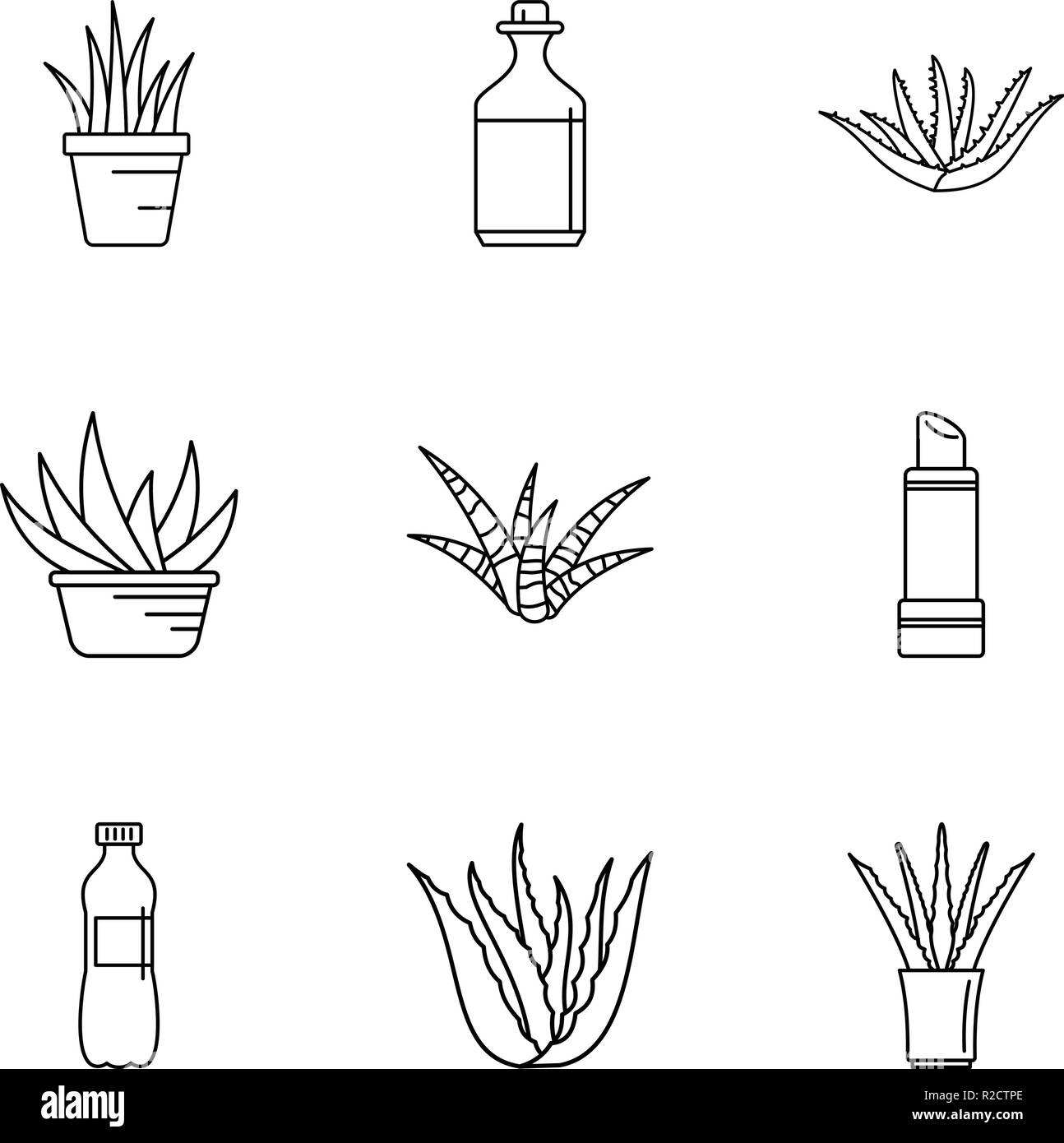 Aloe Saft Symbole gesetzt. Umrisse Set von 9 Aloe Saft Vector Icons für Web auf weißem Hintergrund Stock Vektor