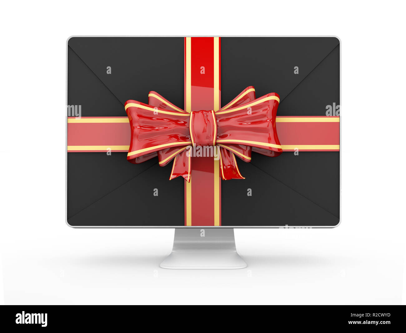 Computer Monitor mit Band und Bogen, Geschenk, das Konzept. 3D-Rendering auf Weiß isoliert. Stockfoto