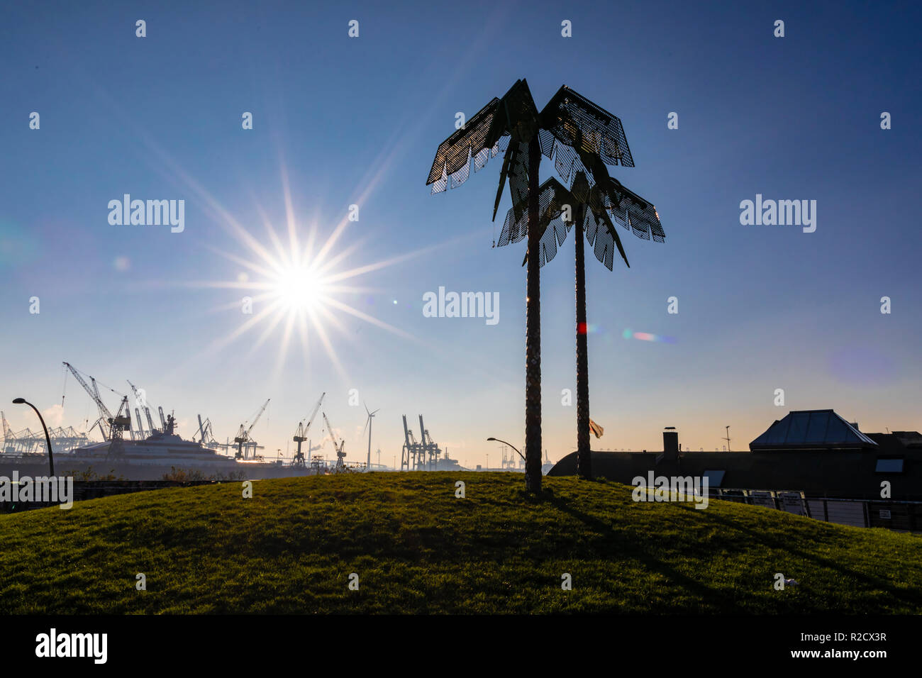 Hamburg, Deutschland, 17. November 2018: Ein Blick auf die Palmen im Park Fiction in den Hafen von Hamburg in Deutschland an einem sonnigen Tag. Stockfoto