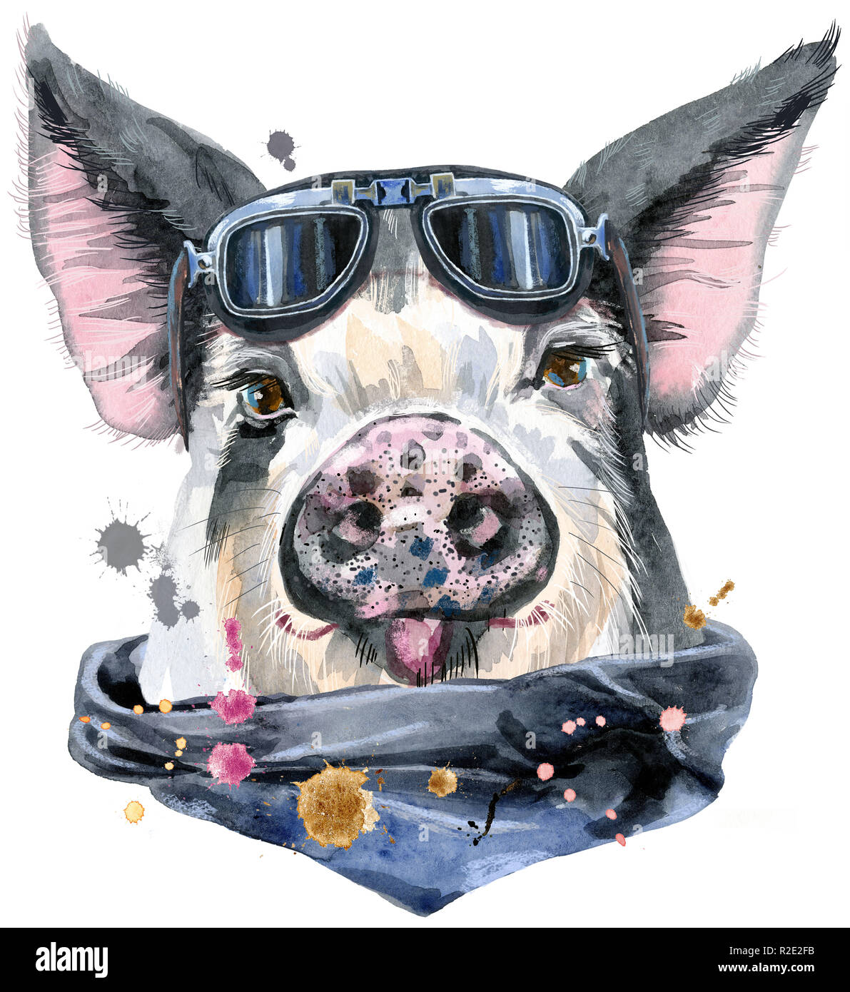 Süße Schweinchen mit biker Sonnenbrille. Schwein für T-shirt Grafiken. Aquarell Schwein in schwarzen Flecken Abbildung Stockfoto