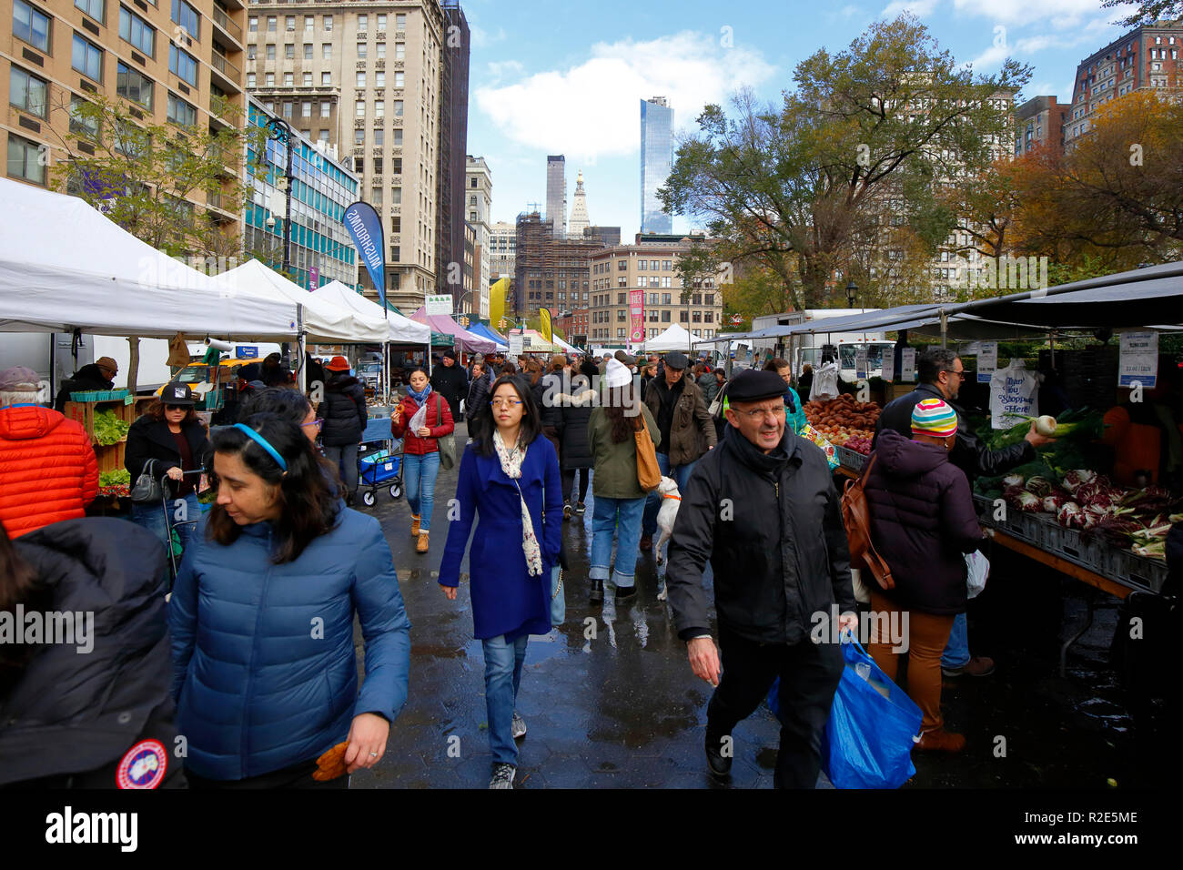 Menschen, die an einem Herbstmorgen am Wochenende auf dem Union Square Greenmarket einkaufen. New York Stockfoto