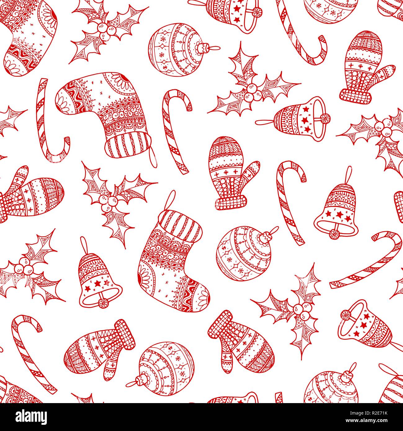 Vektor nahtlose Muster der roten Weihnachten dekorative Symbole auf weißem Hintergrund - Candy Cane, Baum ball, Handschuh, Socken, Holly, christmas bell. Christma Stock Vektor