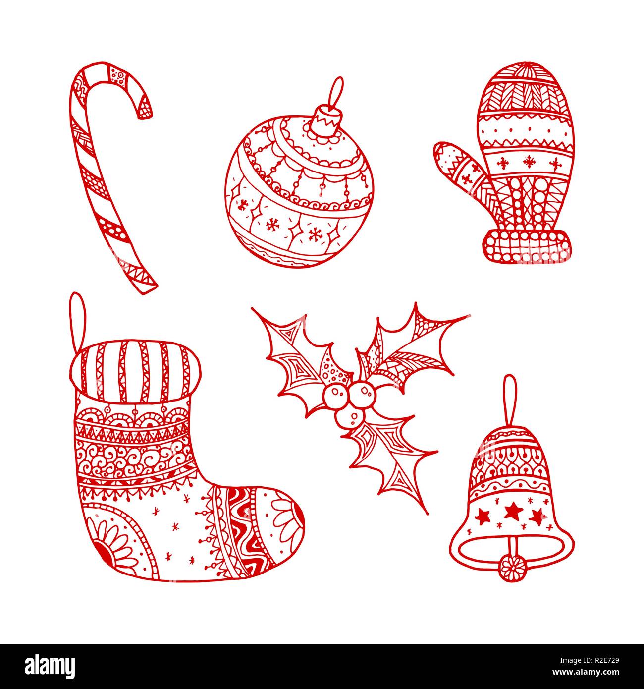 Vector rot Weihnachten dekorative Symbole - Candy Cane, Baum ball, Handschuh, Socken, Holly, christmas bell. Rote dekorative Weihnachten Symbole auf Weiß Stock Vektor