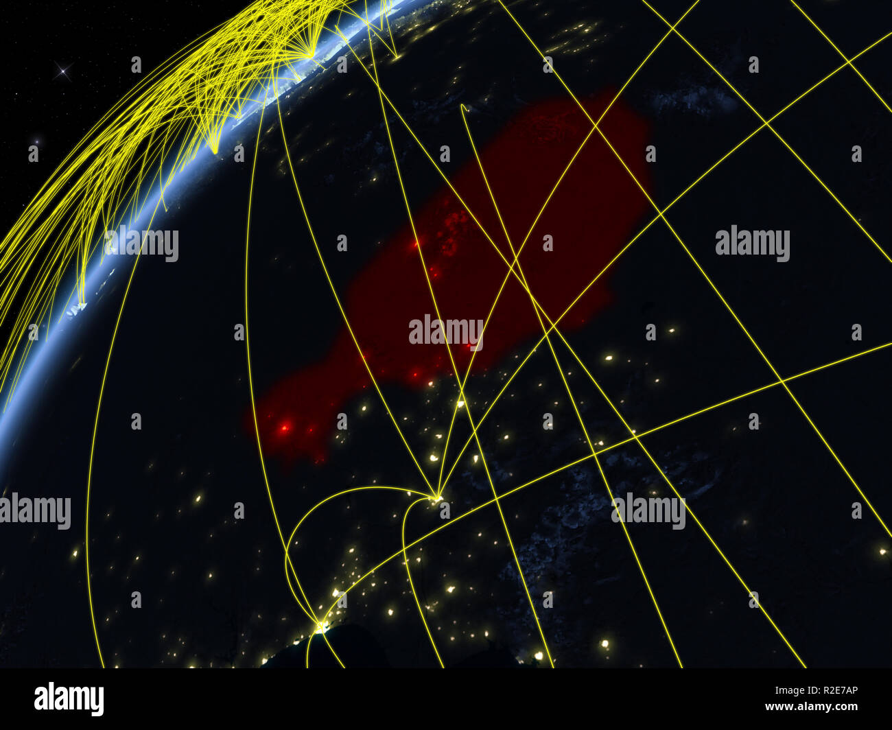 Am Modell des Planeten Erde bei Nacht mit internationalen Netzwerken Niger. Konzept der digitalen Kommunikation und Technologie. 3D-Darstellung. Elemente der Thi Stockfoto