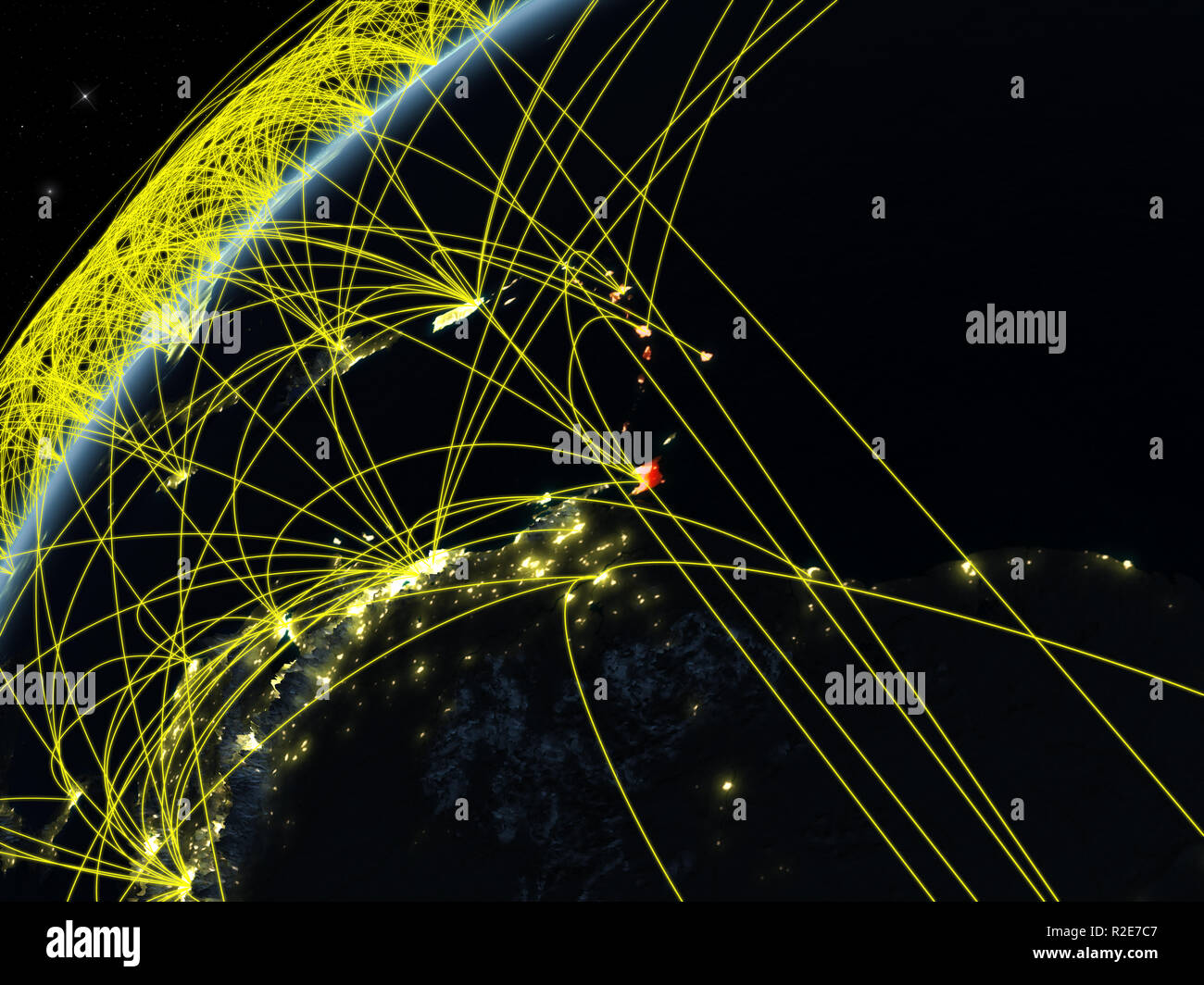 Karibik auf dem Modell des Planeten Erde bei Nacht mit internationalen Netzwerken. Konzept der digitalen Kommunikation und Technologie. 3D-Darstellung. Elemente der Stockfoto