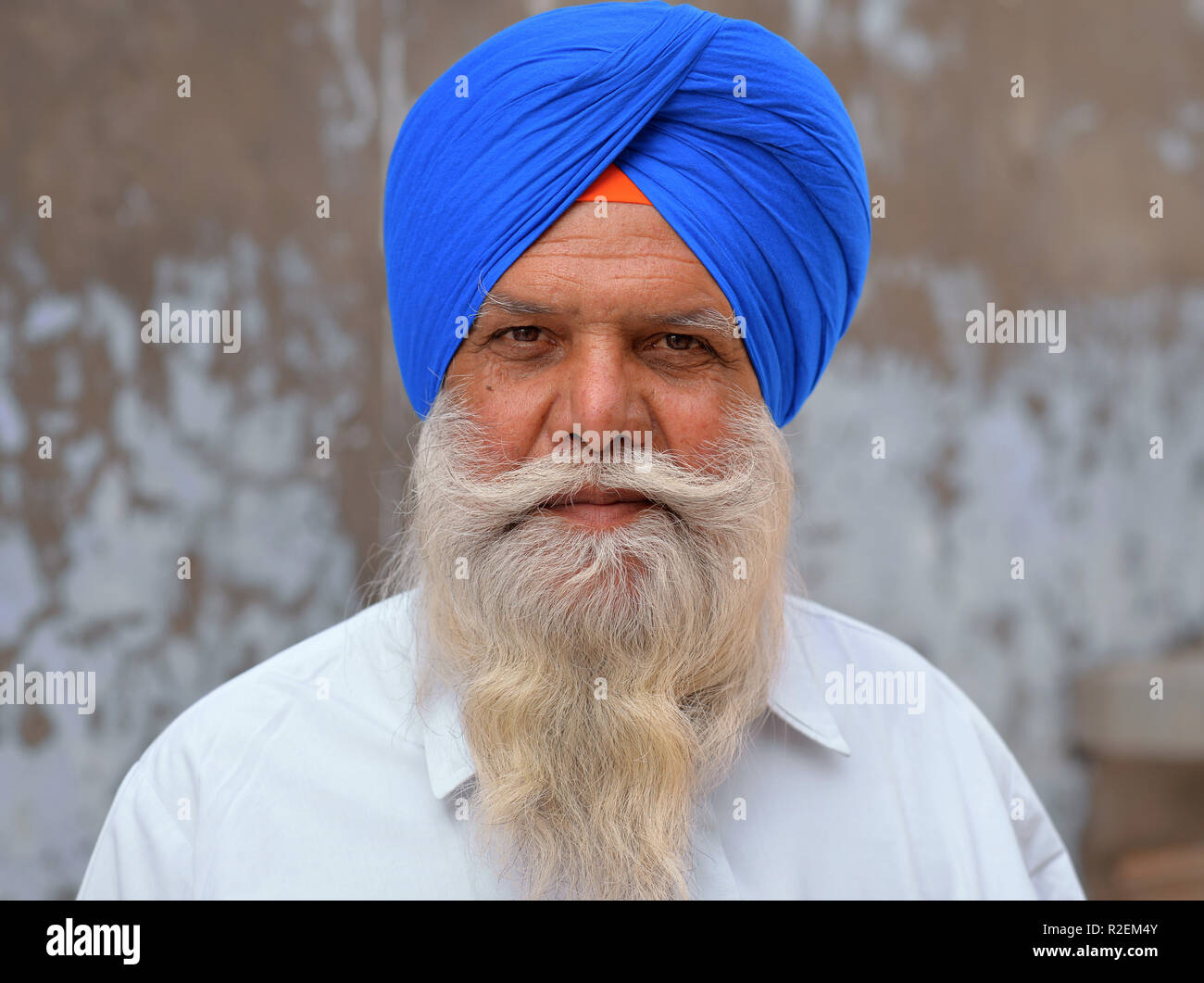 Älteren indischen Sikh Mann mit blauen Turban (Dastar) posiert für die Kamera. Stockfoto