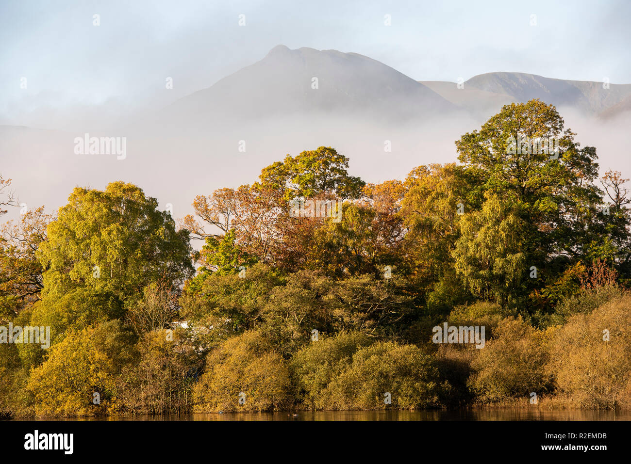 Nebligen Herbstmorgen Reflexionen an Derwentwater im Lake District, Cumbria England Großbritannien Stockfoto