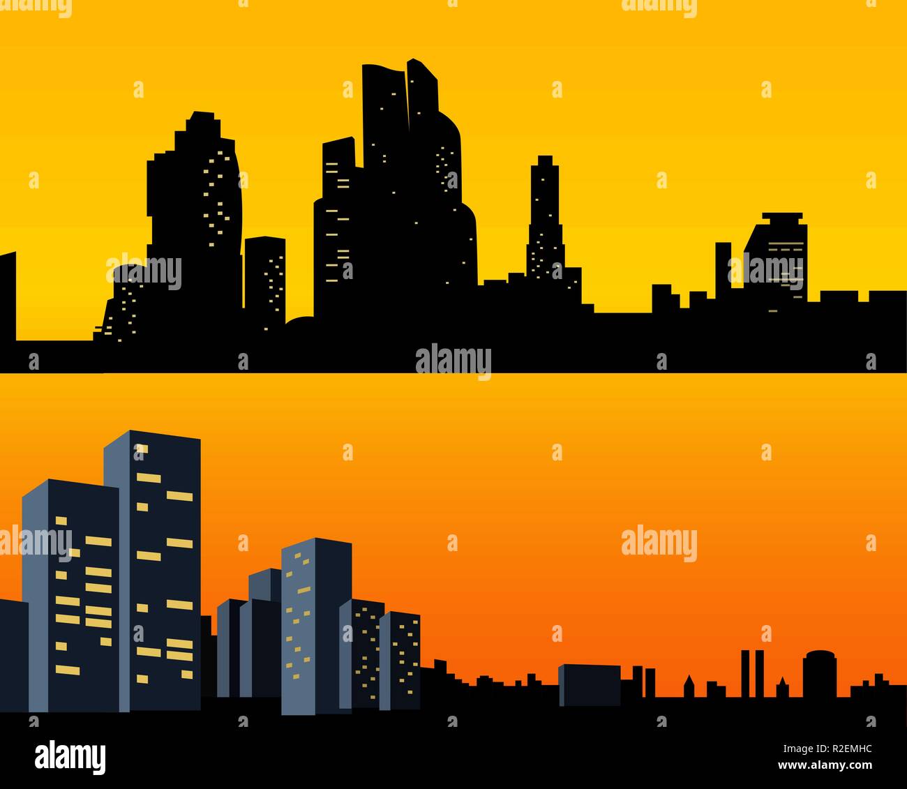 Set Schwarz Silhouetten Stadt mit hellen Fenstern. Die Stadt im Hintergrund Sonnenuntergang. Das Zentrum der Stadt - Vector Illustration. Stock Vektor