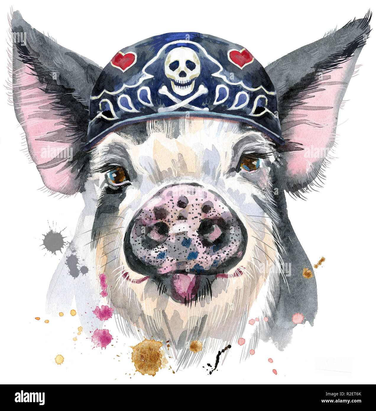 Süße Schweinchen tragen Biker Bandana. Schwein für T-shirt Grafiken. Aquarell Schwein in schwarzen Flecken Abbildung Stockfoto