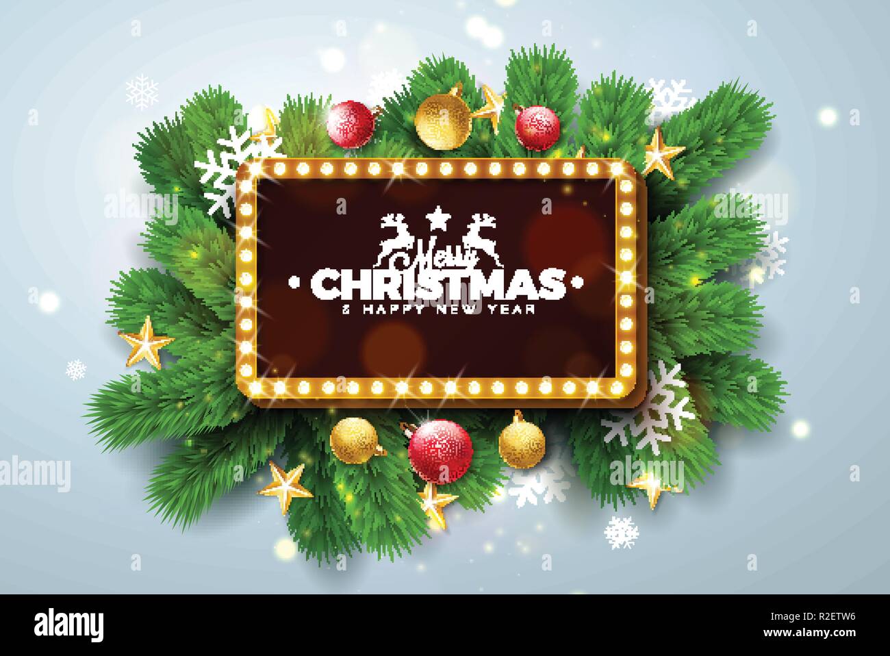 Frohe Weihnachten und ein glückliches neues Jahr Illustration mit Licht Schild und Kiefer Zweig auf hellem Hintergrund. Vector Holiday Design für Grußkarte Stock Vektor