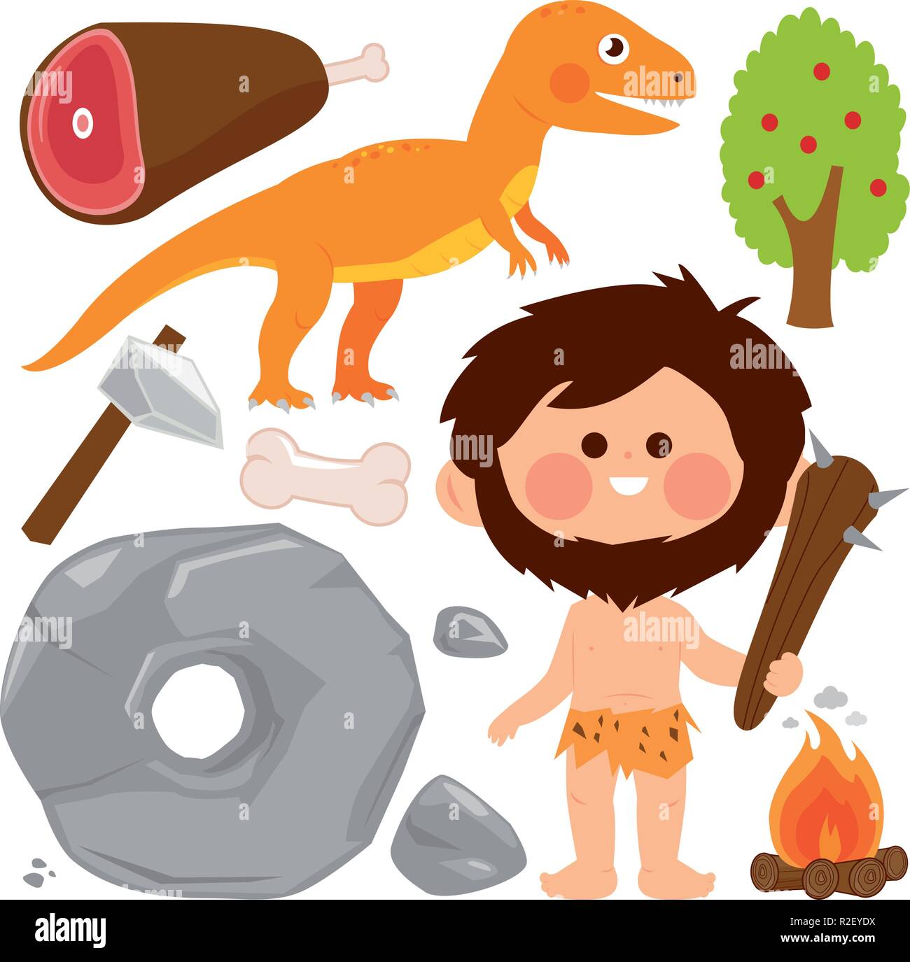 Prähistorische Vektor mit caveman, Dinosaurier, Felsen, Rad und primitiven Waffen gesetzt. Vector Illustration Stock Vektor