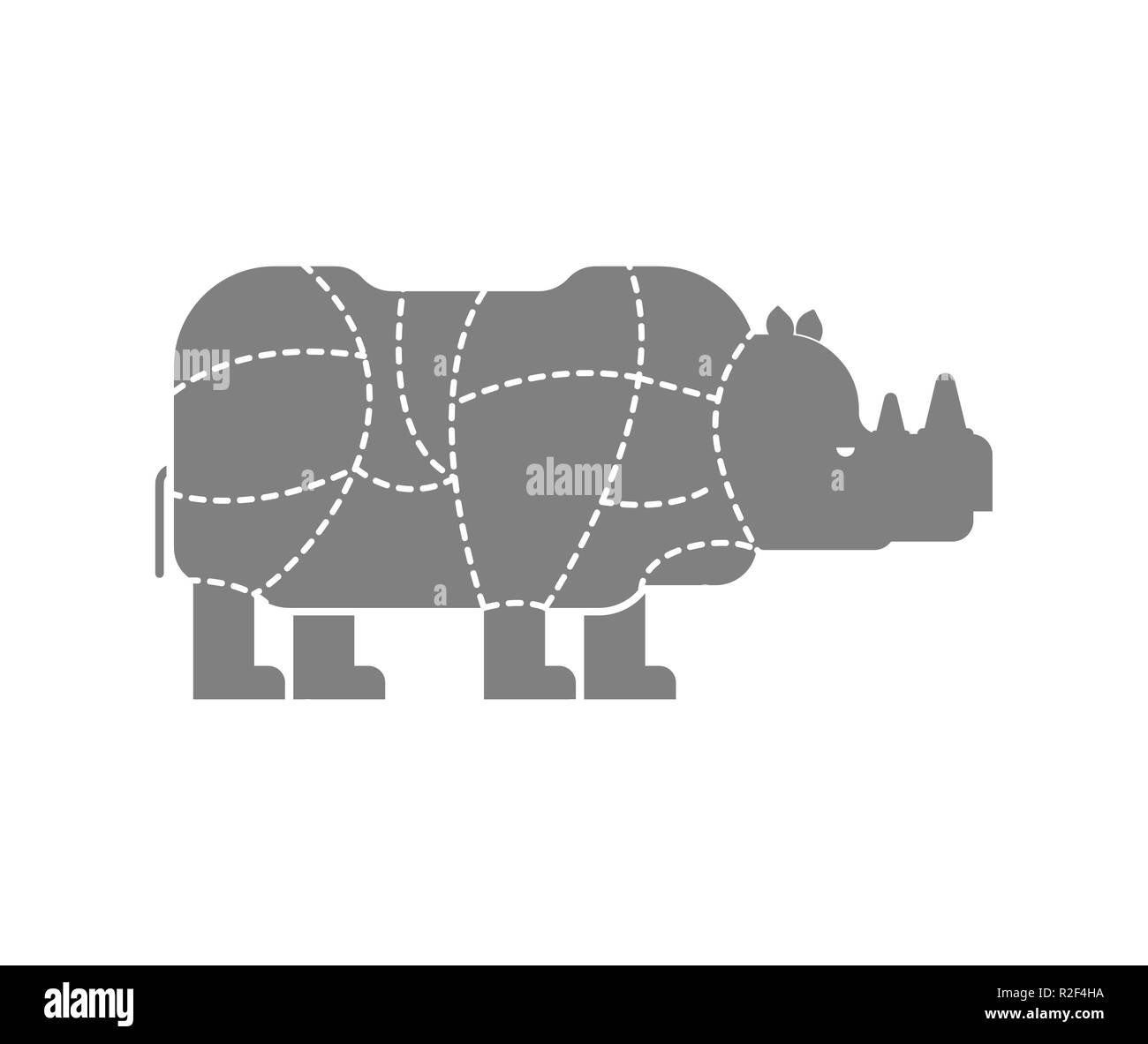 Schneiden von fleisch Nashorn. Rhino silhouette Regelung Linien unterschiedlicher Teile Fleisch. Wie ein wildes Tier Fleisch zu schneiden. Plakat Metzger Diagramm für Fleisch speichert. B Stock Vektor