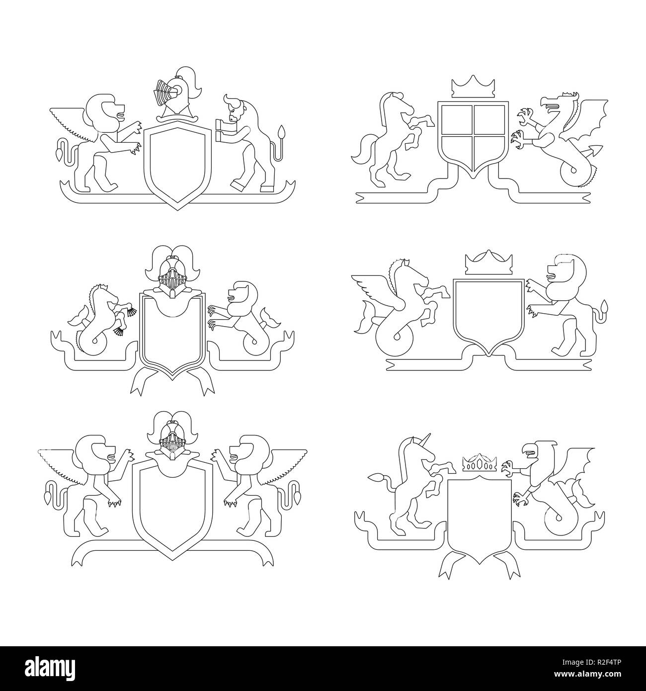 Heraldische Schild Und Ritter Helmset Linearen Stil Fantastische Tiere Vorlage Heraldik Design Element Wappen Der Koniglichen Familie Hippocampus Und Stock Vektorgrafik Alamy