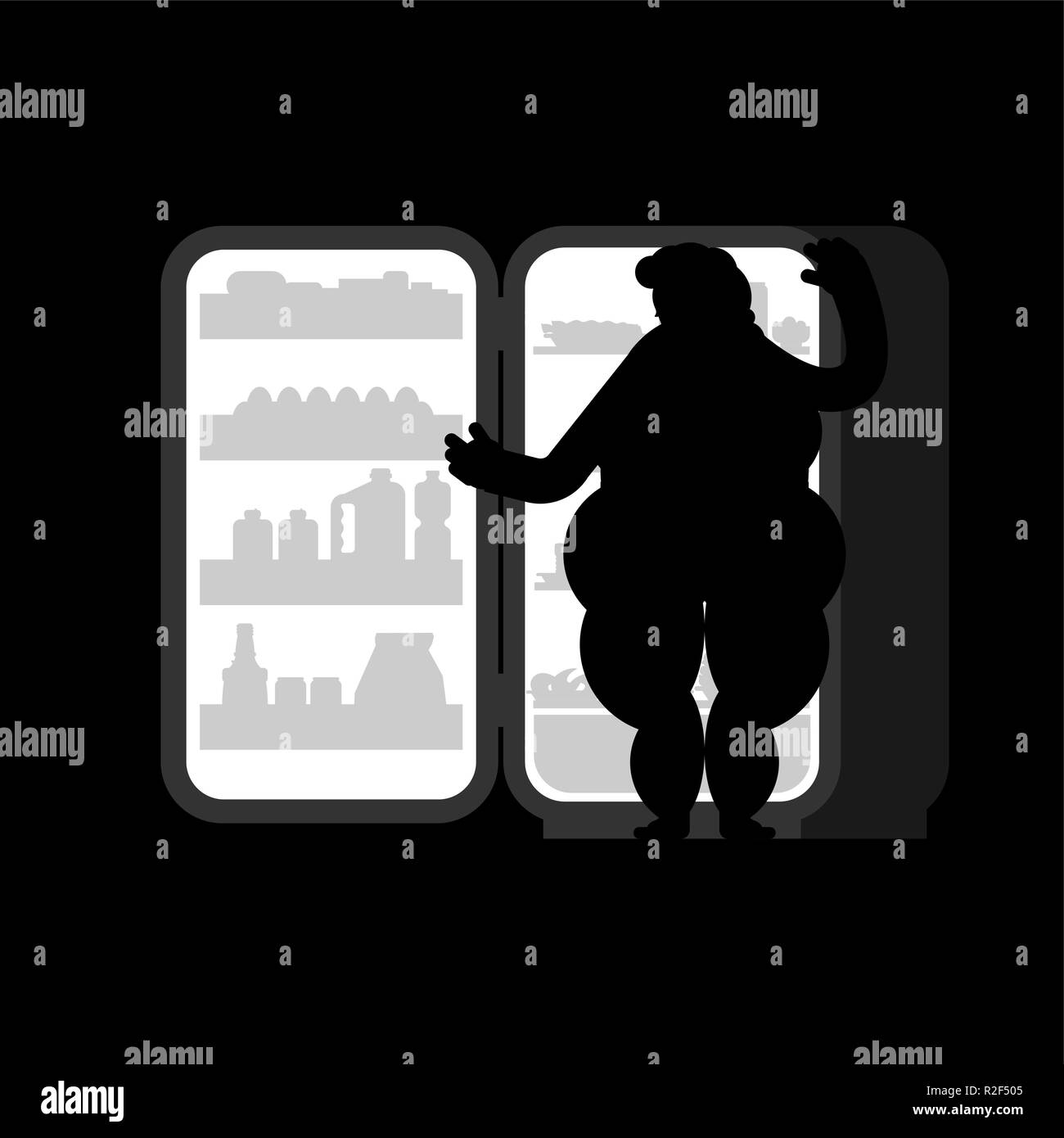 Kühlschrank Nacht und fette Frau öffnen. Essen Silhouette. Kühlschrank für Schlemmer Stock Vektor