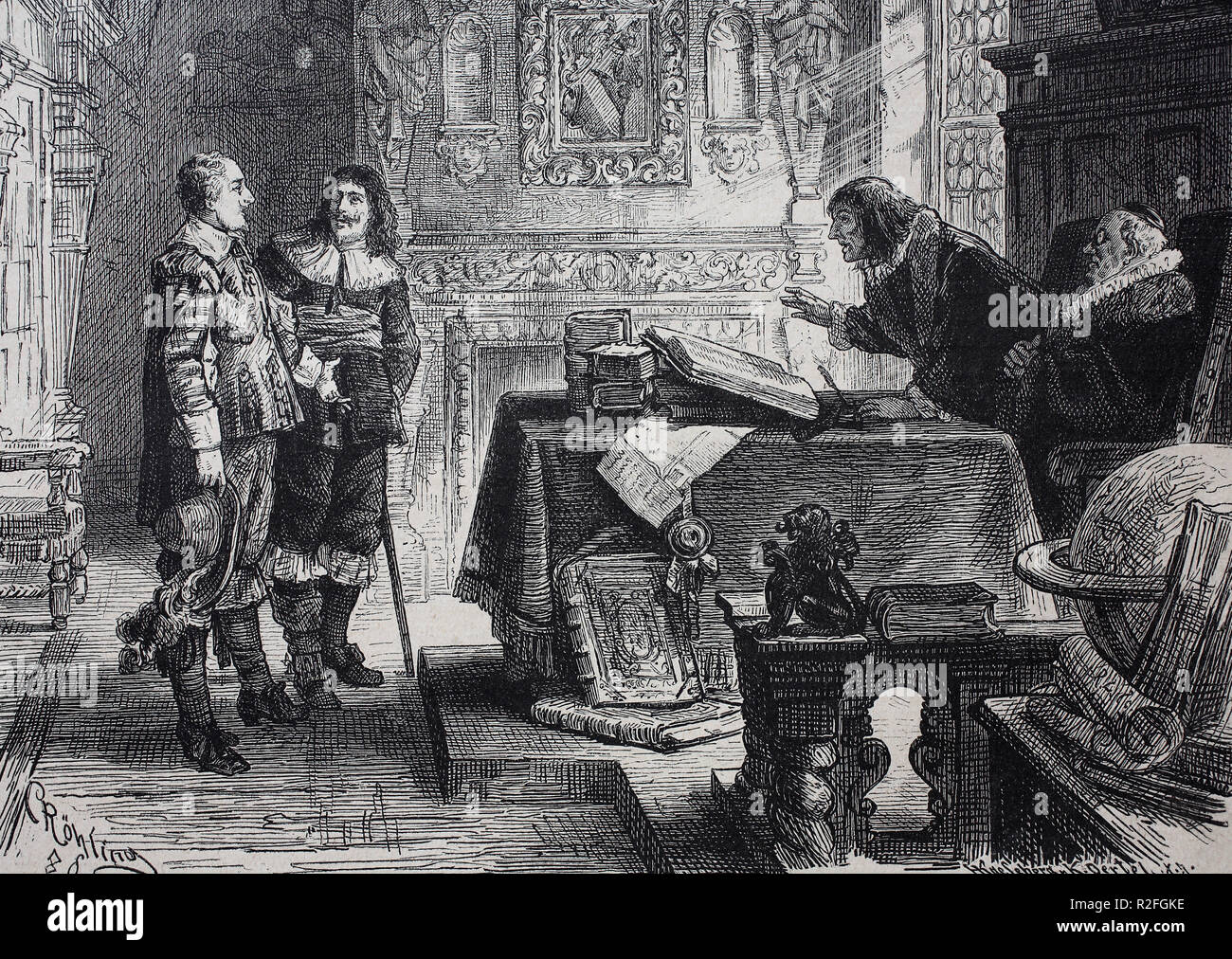 Digital verbesserte Reproduktion, eine Abfrage des studiosus Wallenstein vor dem Rektor der Schule in Altdorf, ca 1626, Albrecht Wenzel Eusebius von Wallenstein, 1583-1634, auch von Waldstein, einem böhmischen militärischer Führer und Adliger, Vorsprung während des Dreißigjährigen Krieges (1618 - 1648) €", in der katholischen Seite, von einer ursprünglichen Drucken aus dem 19. Jahrhundert Stockfoto