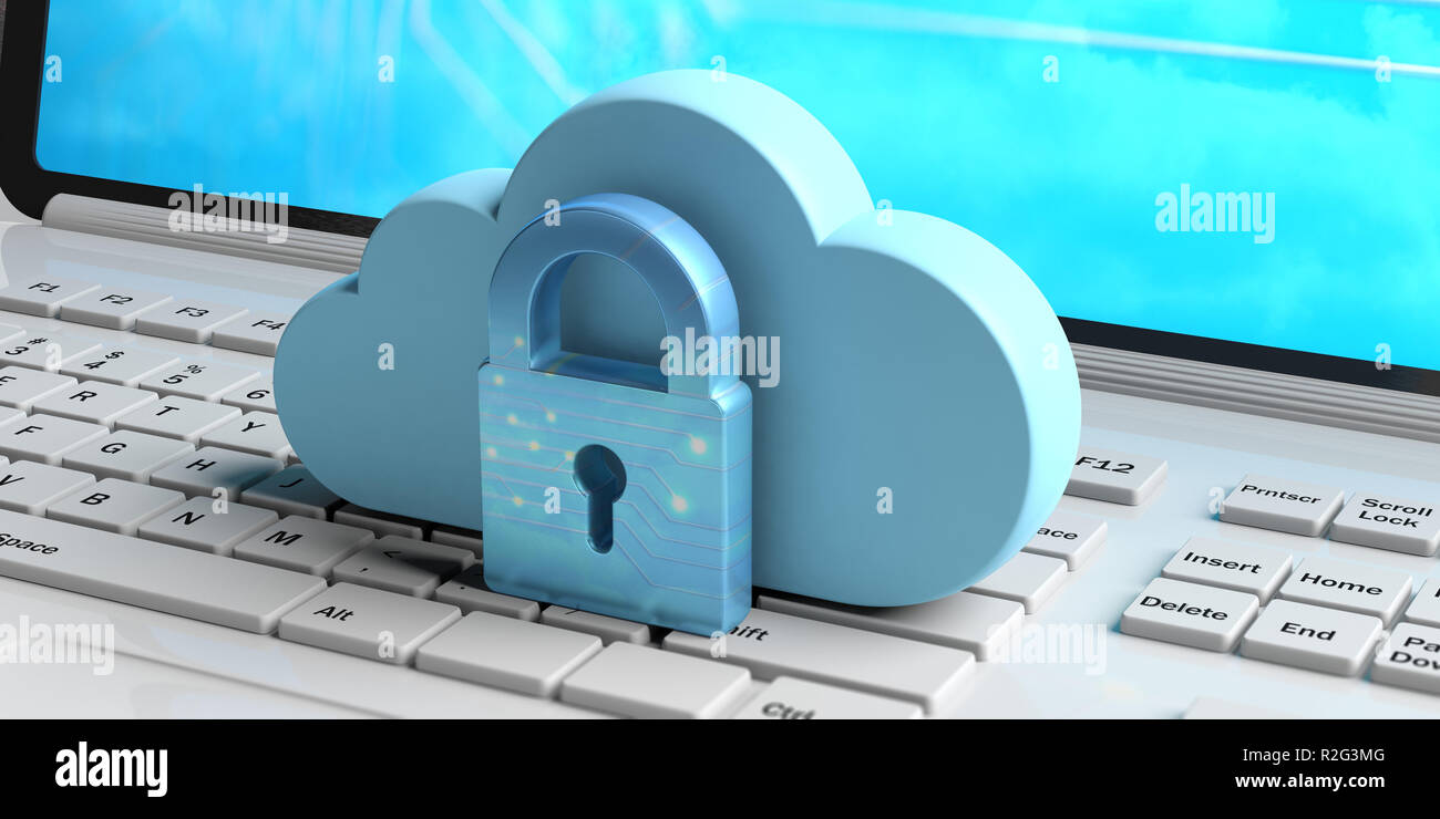 Cloud Computing und Cyber Security, data Schutzschild. Blaue Wolke und Schloss auf einem Computer Laptop Tastatur. 3D-Darstellung Stockfoto