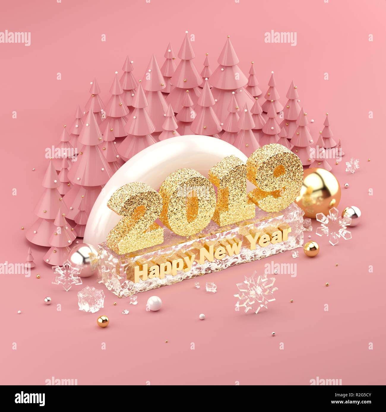 Rose Gold isometrische 3D-Darstellung mit 2019 Frohes Neues Jahr wünschen. Stockfoto