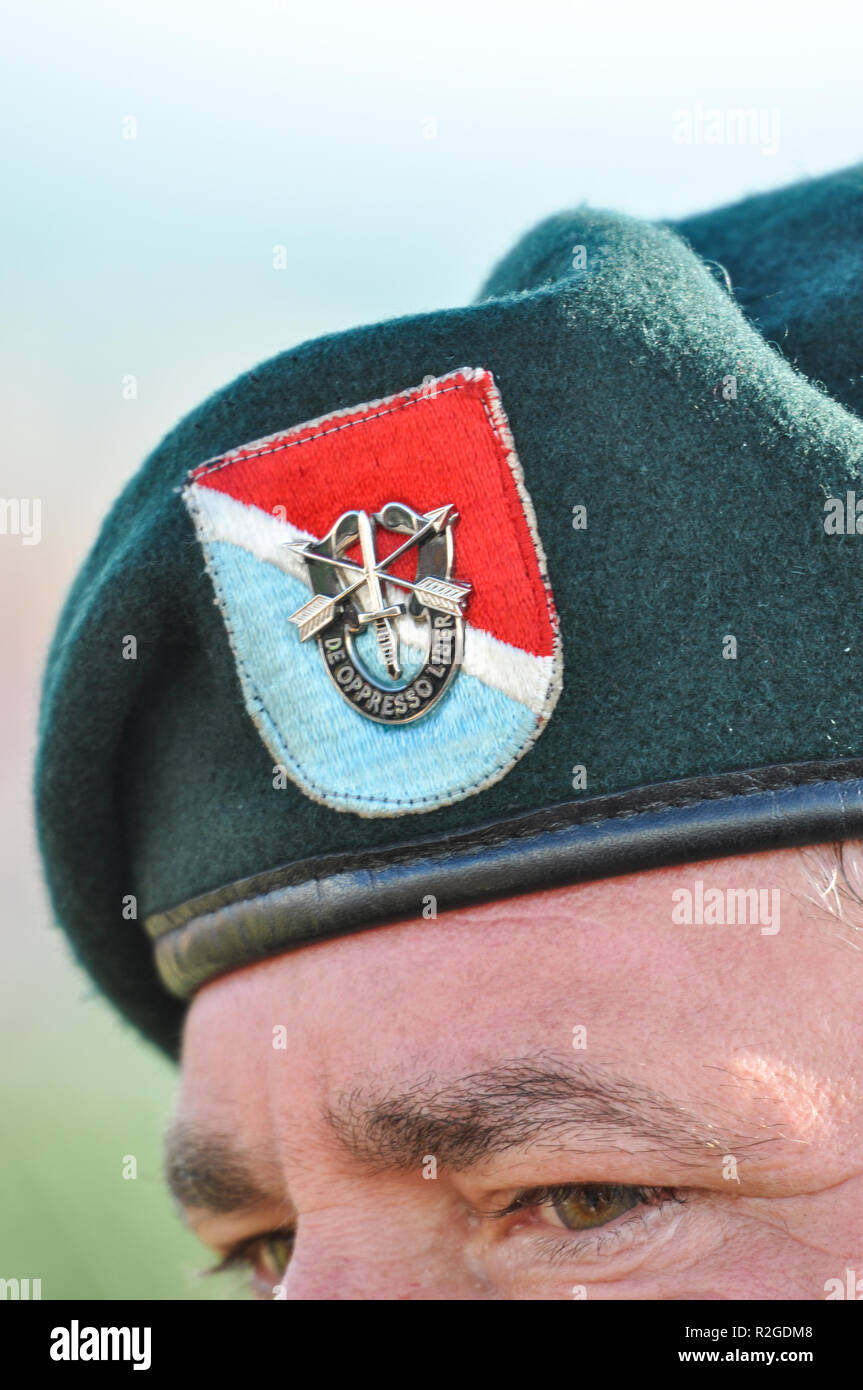 Abzeichen. De oppresso liber Motto des United States Army Special Forces. Unit Insignia. Aus (Wesen) einer unterdrückten Menschen, (nicht nur) ein kostenloses. Emblem Stockfoto
