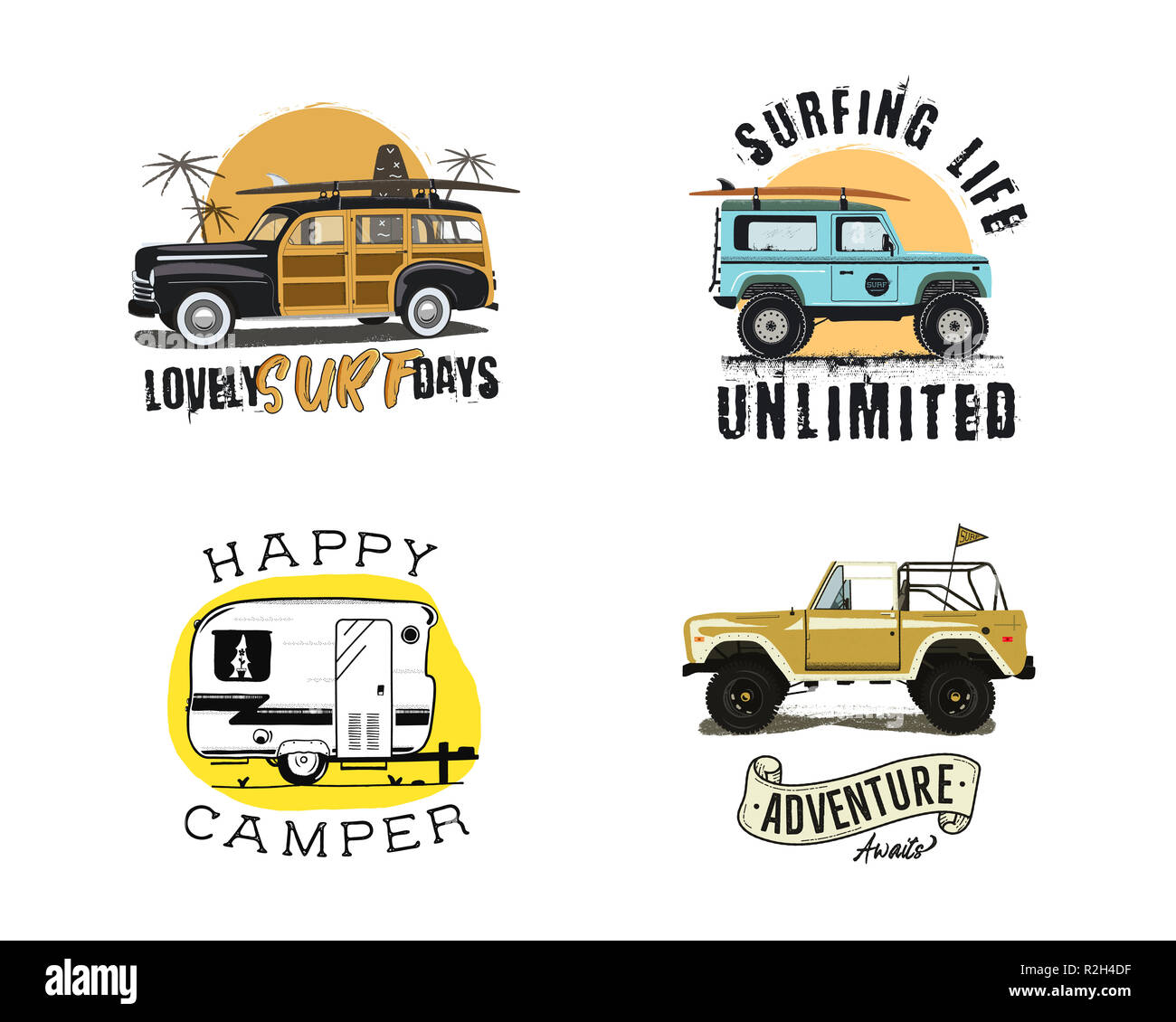 Vintage surfen Grafiken und Embleme für Web Design oder Drucken. Surfer logo Vorlagen. Surf Abzeichen. Sommer Spaß. Surfboard Elemente. Im freien Aktivität - Boarding auf Wellen. hipster Abzeichen Stockfoto