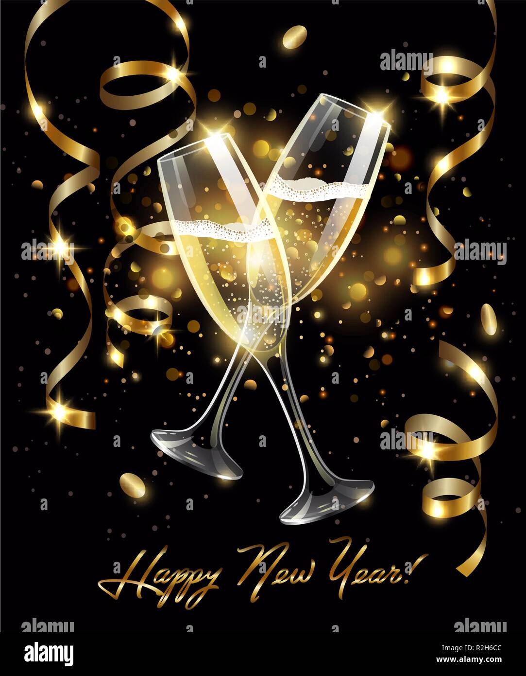 Funkelnde Gläser Champagner mit Gold Serpentine auf schwarzem Hintergrund, bokeh Effect mit Vorzeichen Frohes Neues Jahr Stock Vektor