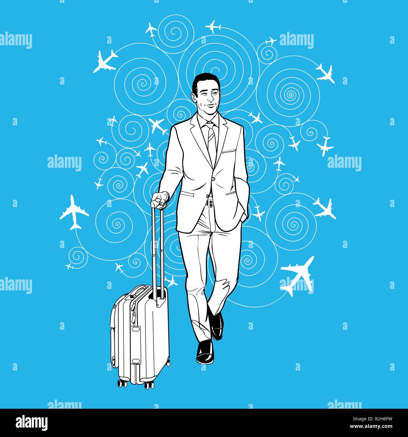 Geschäftsmann Gepäck am Flughafen. Line Art Vektor. Stock Vektor