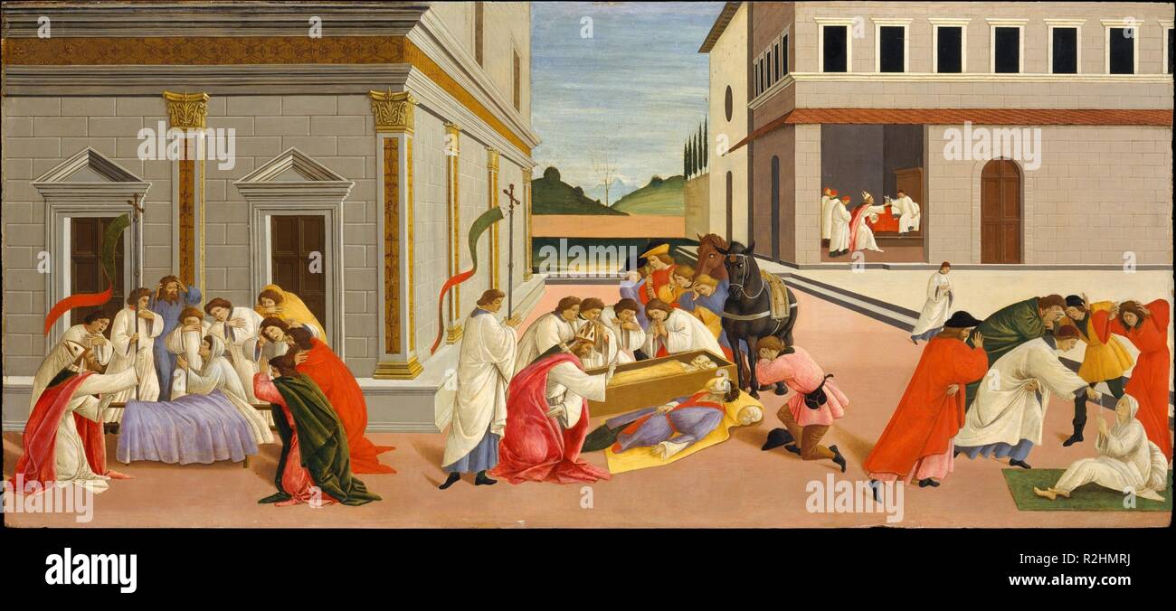 Drei Wunder des Heiligen Zenobius. Artist: Botticelli (Alessandro di Mariano Filipepi) (Italienisch, Florenz Florenz 1444/45-1510). Abmessungen: 26 1/2 x 59 1/4 in. (67,3 x 150,5 cm). Datum: 1500-1510. Das Bild stammt von 1500 und ist in dem etwas rauen Stil Botticelli während der Jahre Florenz war unter der Herrschaft der Reform Prediger Savonarola entwickelt gemalt. Es gehört zu einer Serie von vier Panels illustrieren das Leben des fünften Jahrhunderts Bischof von Florenz, alle sind bekannt für ihre architektonischen Einstellungen. Auf der linken Seite, zenobius entspricht einem Trauerzug und stellt einen toten Sie Stockfoto