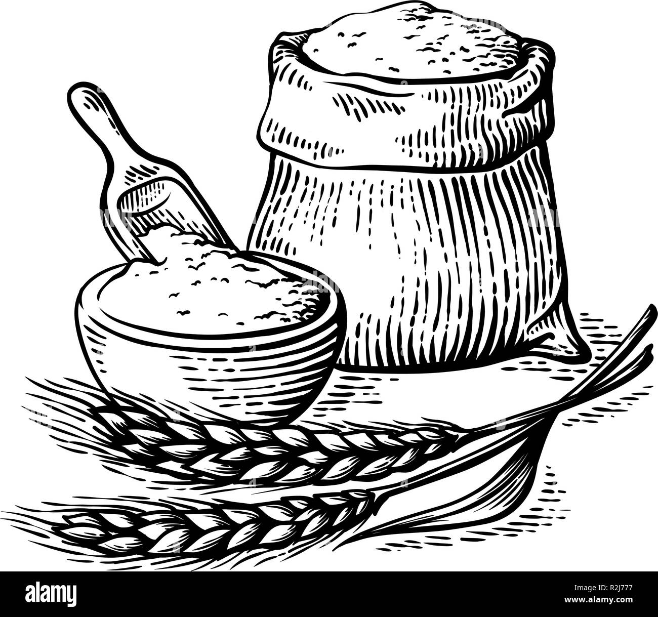 Tasche von Sackleinen, mit frischen Mehl Holz- gericht Schaufel auf weißem Hintergrund Vector Illustration Stock Vektor