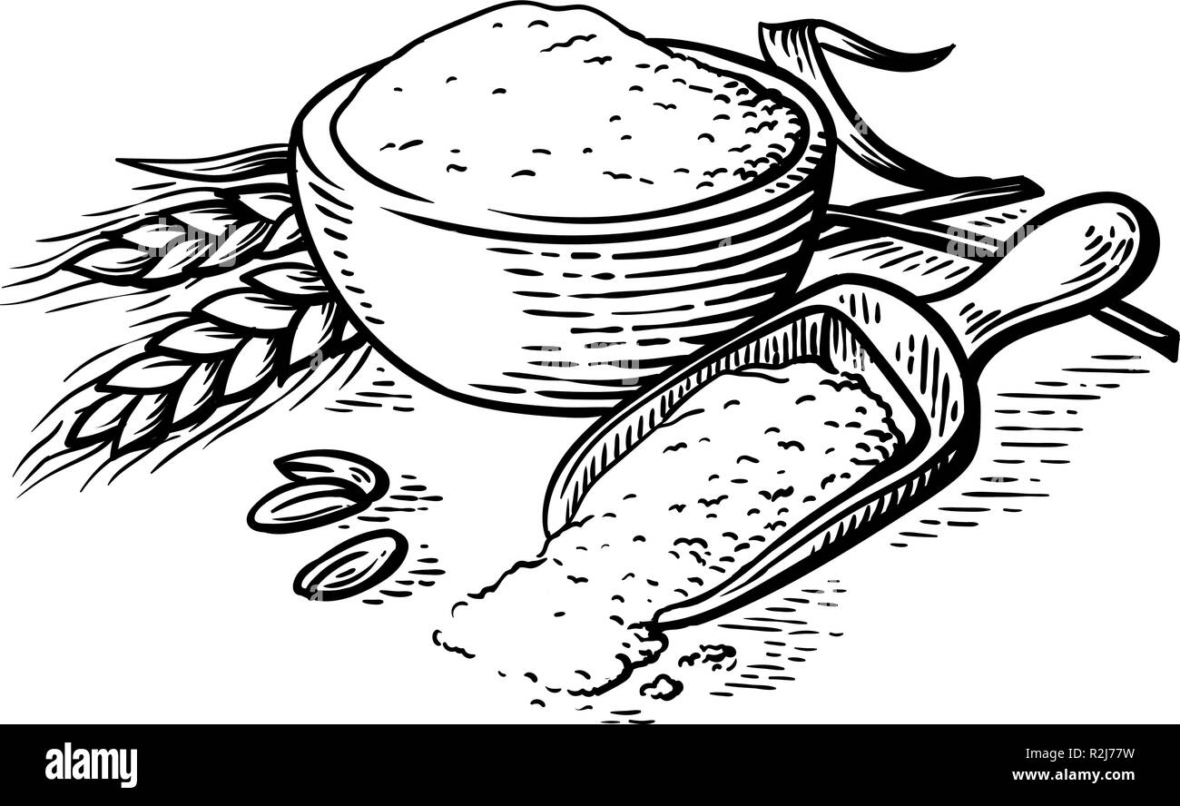 Frisches Mehl aus Holz Teller Schaufel auf weißem Hintergrund Vector Illustration Stock Vektor