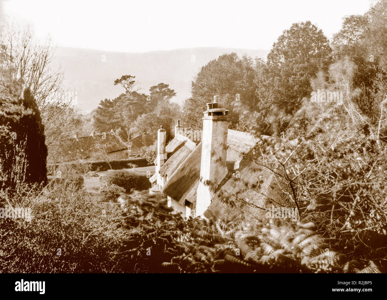 Eine sepia getont Foto auf einem Papier negative in einem 7 x 5 cm Plattenkamera im Oktober 2018 entnommen aus strohgedeckten Cottages auf Selworthy Grün auf Exmoor Stockfoto