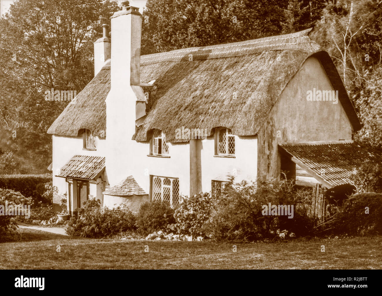 Eine sepia getont Foto auf einem Papier negative in einem 7 x 5 cm Plattenkamera im Oktober 2018 eine reetdachhaus auf Selworthy Grün auf Exmoor Stockfoto