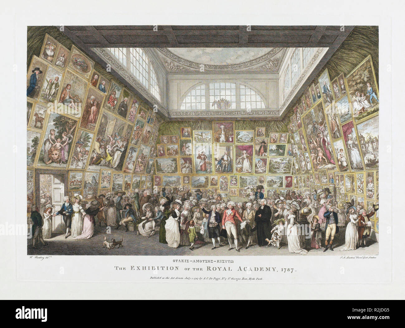 Die Ausstellung der Königlichen Akademie, 1787. Nach einem zeitgenössischen Kupferstich. Nach einem Werk des italienischen Künstlers Pietro Antonio Martini, 1738 - 1797. Stockfoto