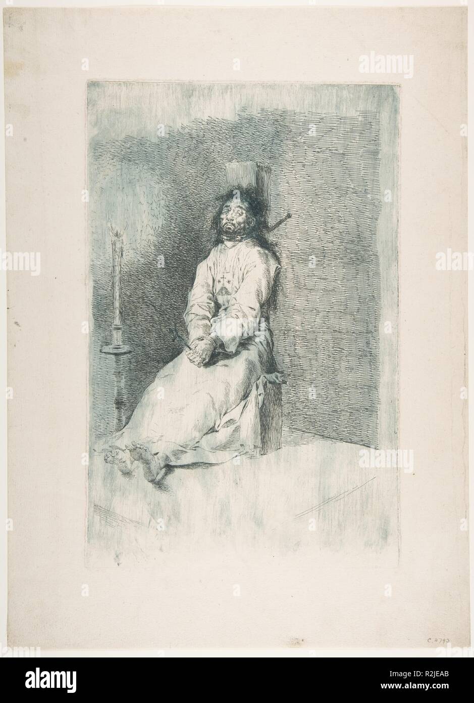 Die agarottado Garotted Mann (El). Artist: Goya (Francisco de Goya y Lucientes) (Spanisch, Fuendetodos 1746-1828 Bordeaux). Abmessungen: Platte: 12 7/8 x 8 7/16 in. (32,7 x 21,4 cm) Blatt: 17 1/16 x 12 5/16 in. (43,3 x 31,2 cm). Datum: Ca. 1778-80. Dies ist einer der frühesten Goyas Radierungen, machte, als er die Technik erforscht wurde. Es zeigt einen Mann getötet von einem Agrigento, der Standard der zivilen Art der Ausführung in Spanien, von denen gibt es mehrere Methoden. Die hier abgebildeten zeigt der Gefangene saß auf einem Stuhl mit dem Rücken zur Post, Handgelenke gebunden und einem aufklappbaren Bügeleisen Halsband um seinen Hals geschlossen Stockfoto