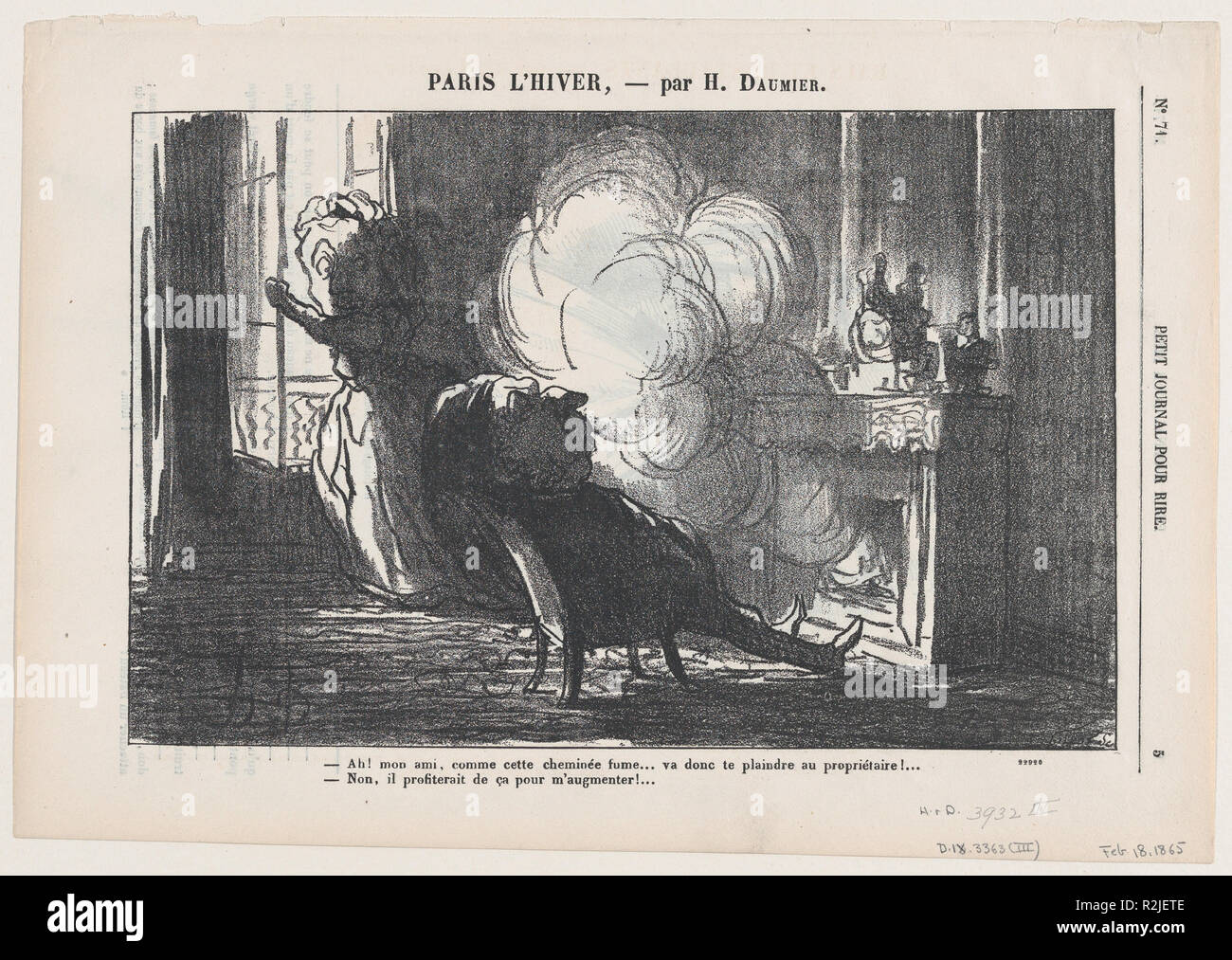 Nur betrachten sie das, mein Freund, wie der Kamin ist Rauchen..., von "Paris im Winter", in Le Petit Journal pour rire, 18. Februar 1865. Artist: Honoré Daumier (Französisch, Marseille 1808-1879 Valmondois). Abmessungen: Bild: 6 5/16 x 9 3/4 in. (16×24,8 cm) Blatt: 8 1/4 × 11 13/16-in. (21 × 30 cm). Serie/Portfolio: 'Paris im Winter' (Paris l'Hiver). Datum: Februar 18, 1865. - Schau dir das an, mein Freund, wie der Kamin ist Rauchen... warum kommen Sie nicht an Ihren Vermieter sprechen!.. - Um Himmels Willen, nein, er werde sofort meine Miete erhöhen!. Museum: Metropolitan Museum of Art, New York, Stockfoto