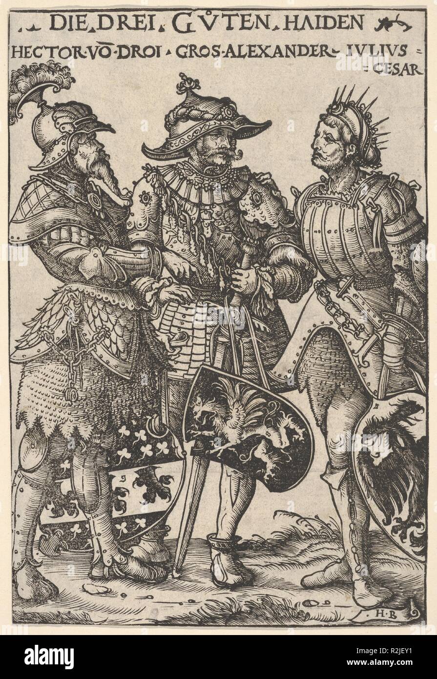 Die drei heidnischen Helden (Die Drei Guten Haiden), von Helden und Heldinnen. Künstler: Hans Burgkmair (Deutsch, Augsburg 1473-1531 Augsburg); Block schneiden von Jost de Negker (1480-1546). Maße: Blatt: 7 5/8 x 5 3/16 in. (19,4 × 13,1 cm). Serie/Portfolio: Helden und Heldinnen. Datum: 1516. Stehend, von Links nach Rechts, Hector, Alexander den Großen und Julius Caesar, die voll gepanzert und mit Wappen. Aus einer Reihe von sechs Holzschnitten mit Gruppierungen von drei Helden oder Heldinnen. Museum: Metropolitan Museum of Art, New York, USA. Stockfoto