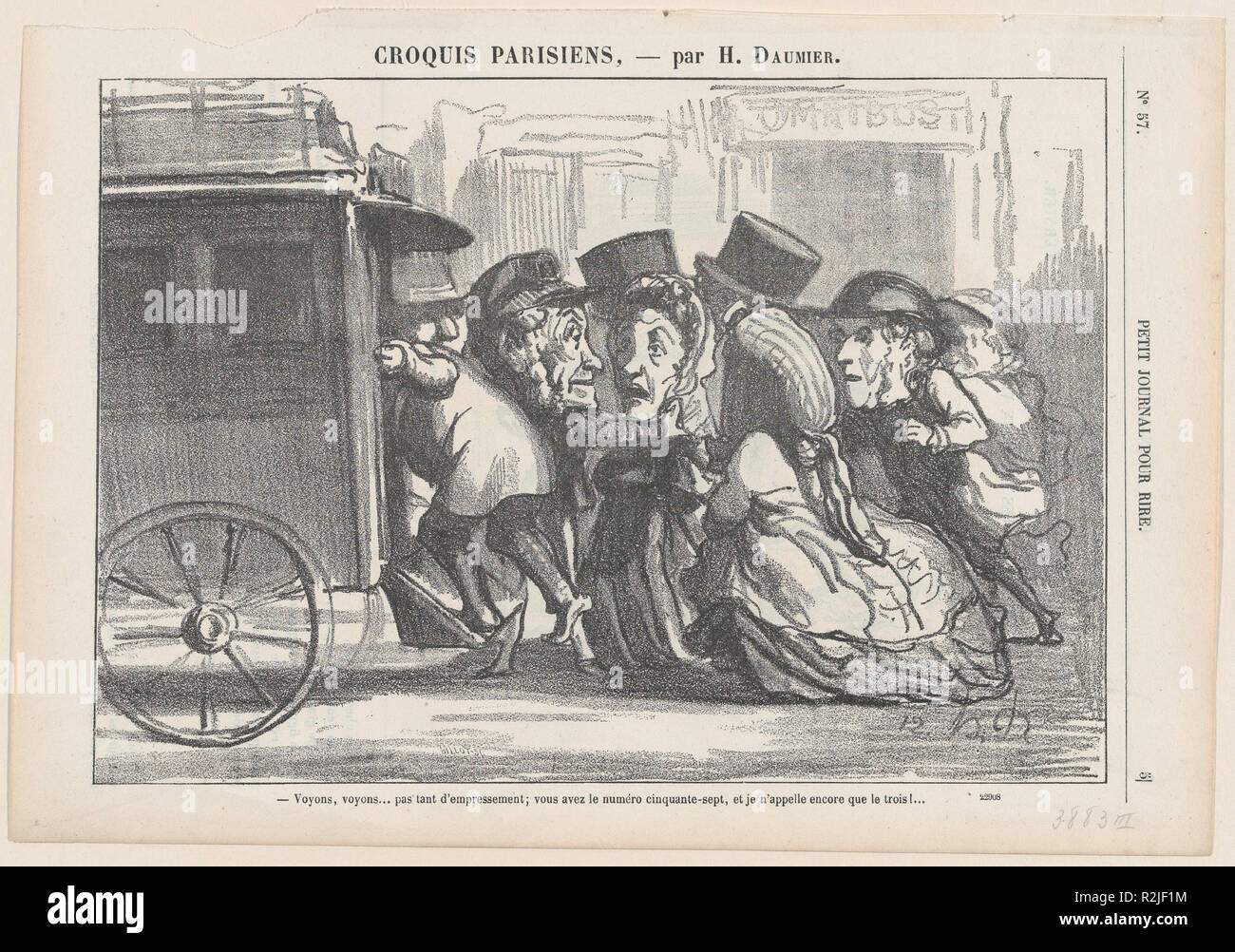 Stop drücken Sie bitte... Sie haben die Zahl 57 und ich rief die Nummer 3!, von 'Pariser Skizzen, "Le Petit Journal veröffentlicht pour rire, 4. Februar 1865. Artist: Honoré Daumier (Französisch, Marseille 1808-1879 Valmondois). Abmessungen: Bild: 6 13/16 x 9 3/4 in. (17,3 × 24,8 cm) Blatt: 8 1/16 x 11 5/8 in. (20,5 × 29,5 cm). Serie/Portfolio: "Pariser Skizzen" (Croquis Parisiens). Datum: Februar 4, 1865. Museum: Metropolitan Museum of Art, New York, USA. Stockfoto