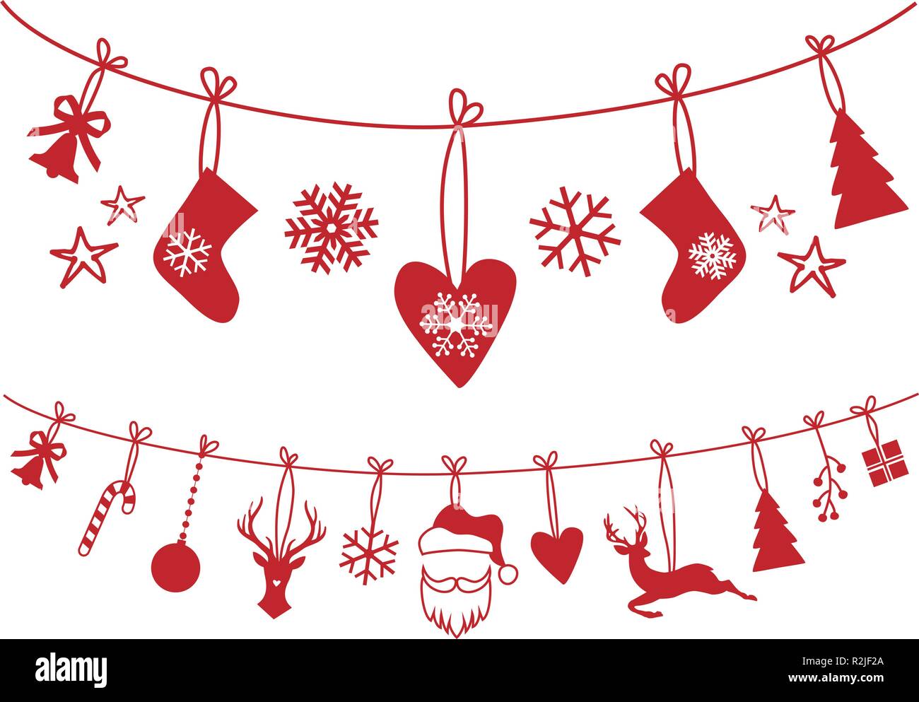 Weihnachtsstrumpf, Wäscheleine mit Santa Claus, Socken, Baum, Rentiere, Schneeflocken, vektor design elemente für Weihnachten, Dekoration Stock Vektor