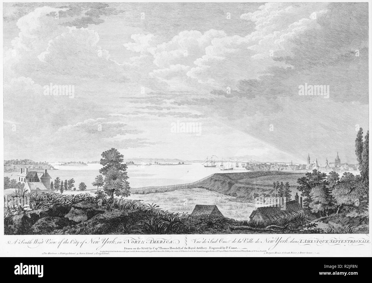 Ein Blick nach Westen der Stadt New York, in Nordamerika. Künstler: Pierre Charles Canot (Französisch, Paris 1710-1777 Kentish Town, London (England)); nachdem Captain Thomas Howdell, der Royal Artillery (Briten, 18. Jahrhundert). Abmessungen: Platte: 14 1/8 x 20 1/2 in. (35,9 x 52,1 cm) Blatt: 17 11/16 x 24 3/16 in. (44,9 x 61,4 cm). Herausgeber: John bowles (British, 1701?-1779) London; Robert Sayer (Briten, Sunderland 1725-1794 Bad); Thomas Jeffreys (London). Datum: Ca. 1768. In London im Jahre 1768 veröffentlicht, diese Aussicht auf New York gemacht wurde, als die Stadt unter britischer Kontrolle war. Pierre können Stockfoto