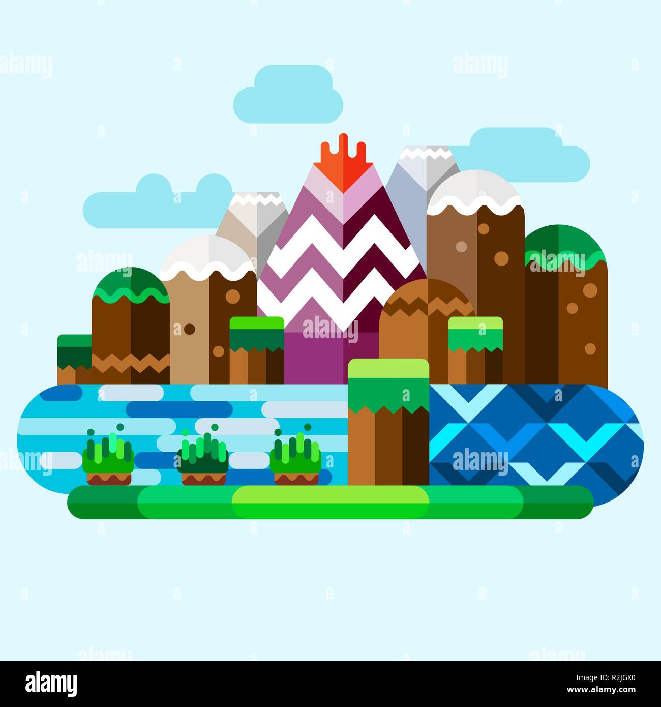 Unwirkliche Bergwelt. Tropische Insel mit Vulkan, Felsen und Fluss. Flache Darstellung. Stock Vektor