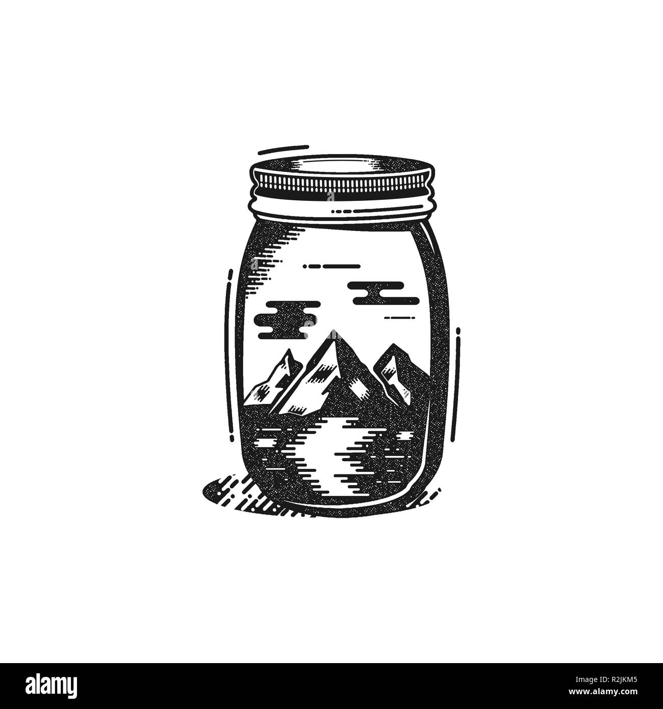Reisen T-Shirt drucken. Die Berge und den Fluss in den jar-Design. Abenteuer silhouette Drucken, Poster. Camping Emblem, Abzeichen strukturierte Stil. Typografie hipster T-Stück. Lieferbar Abbildung: Stockfoto